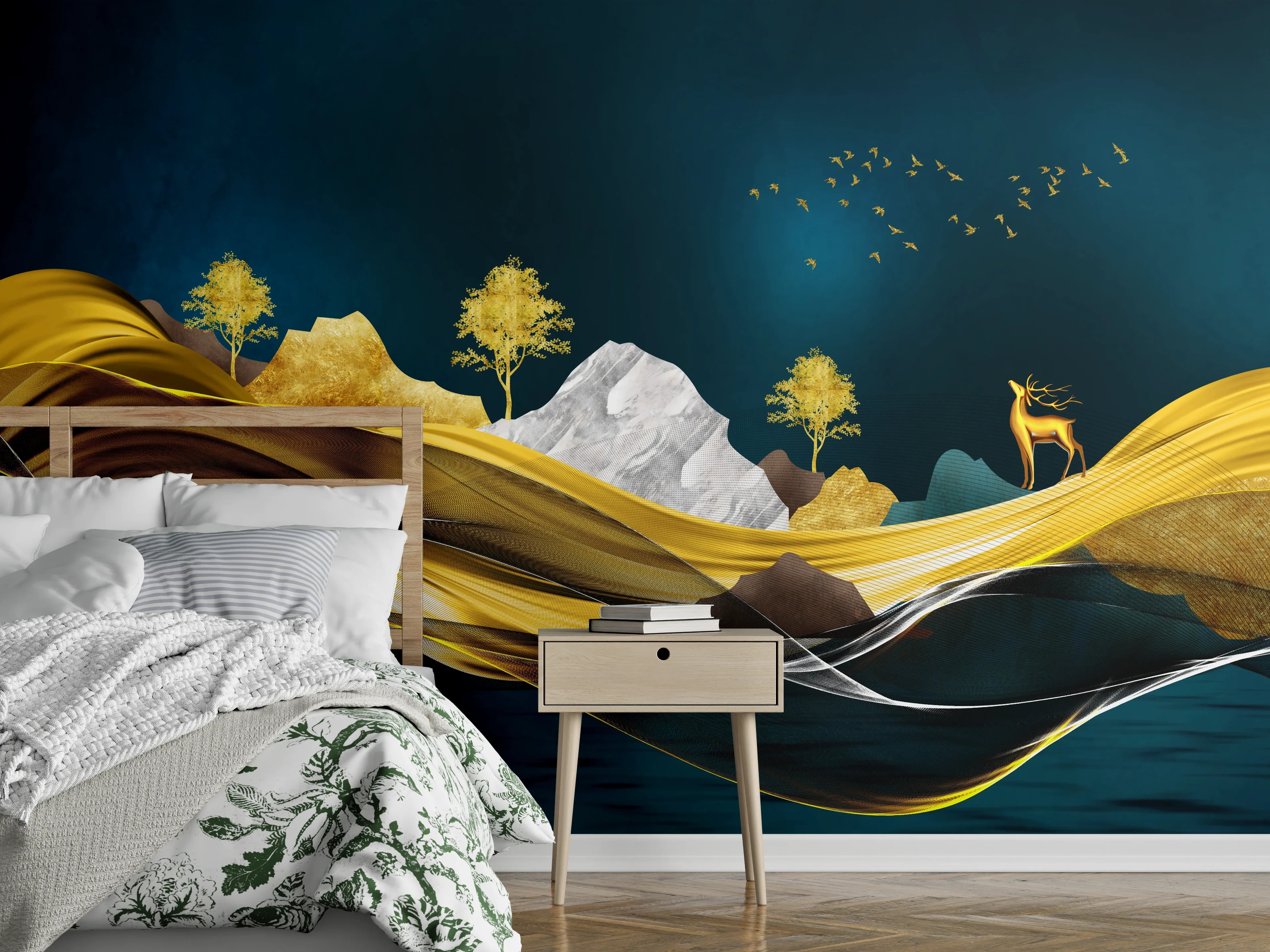 Wandverkleidung Schlafzimmer - Goldenes Wellendesign - 3D