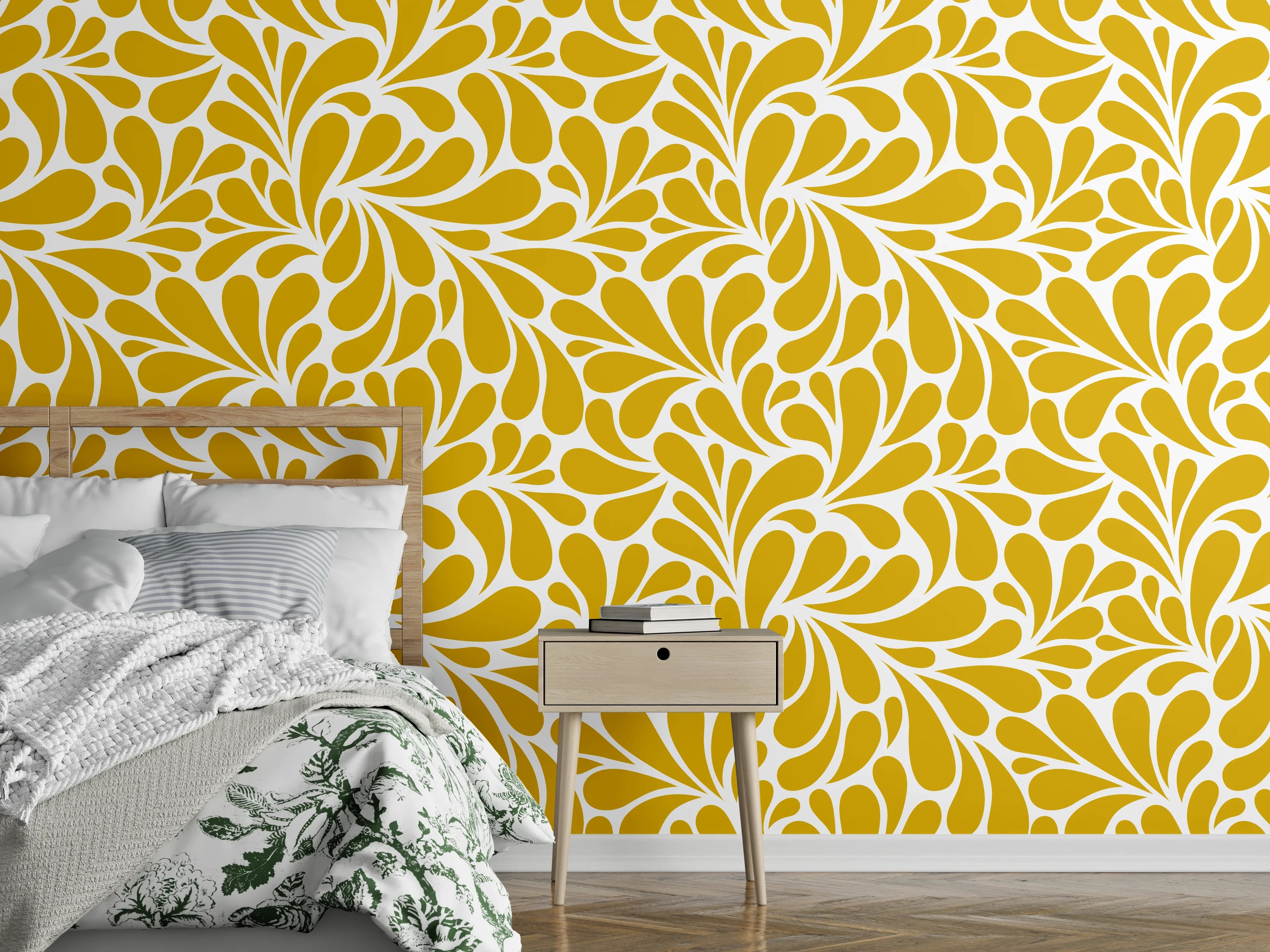 Wandverkleidung Schlafzimmer - Goldenes florales Muster Tapeten-Design