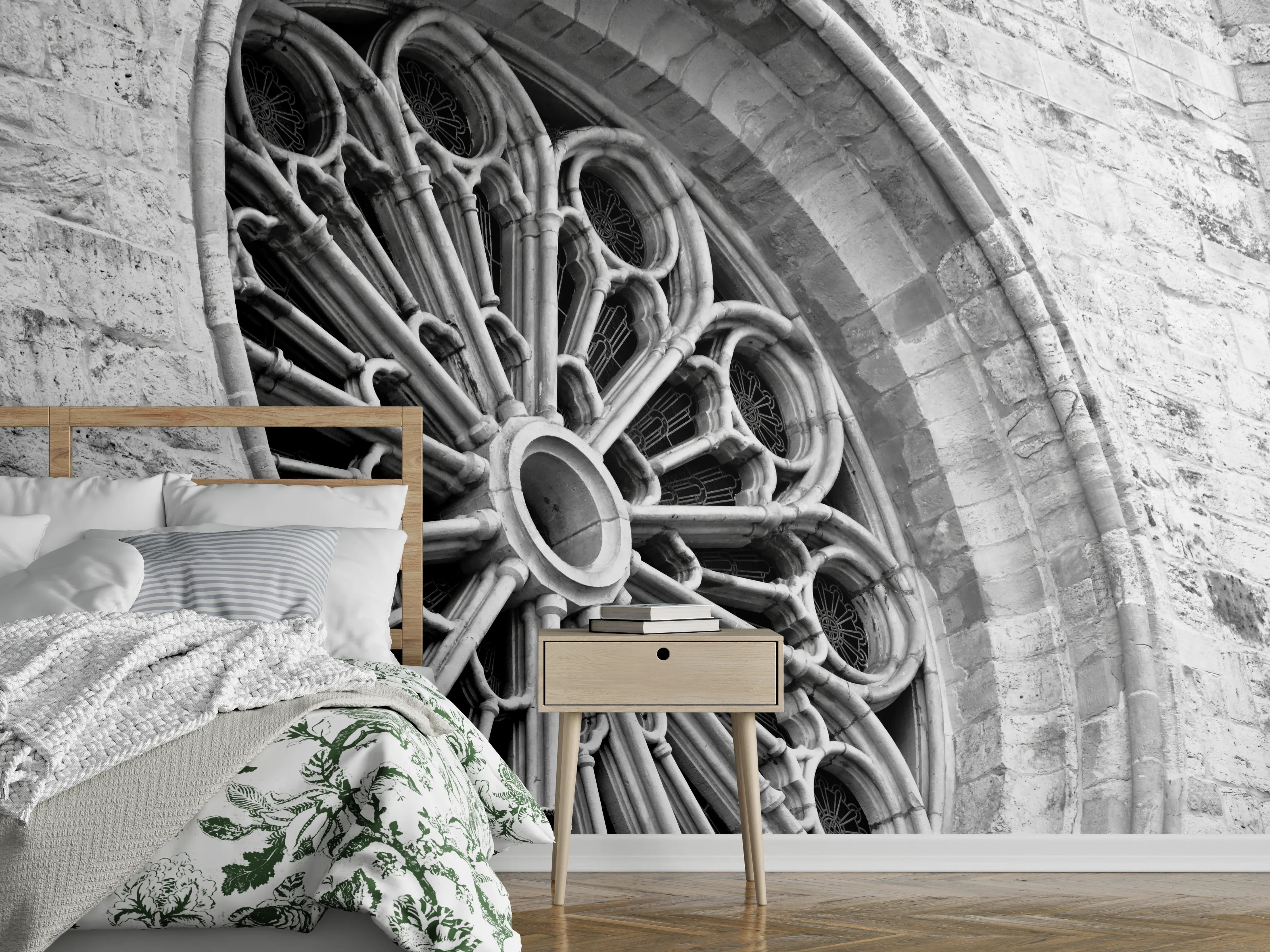 Wandverkleidung Schlafzimmer - Gotische Rosette schwarz-weiß Wanddekor