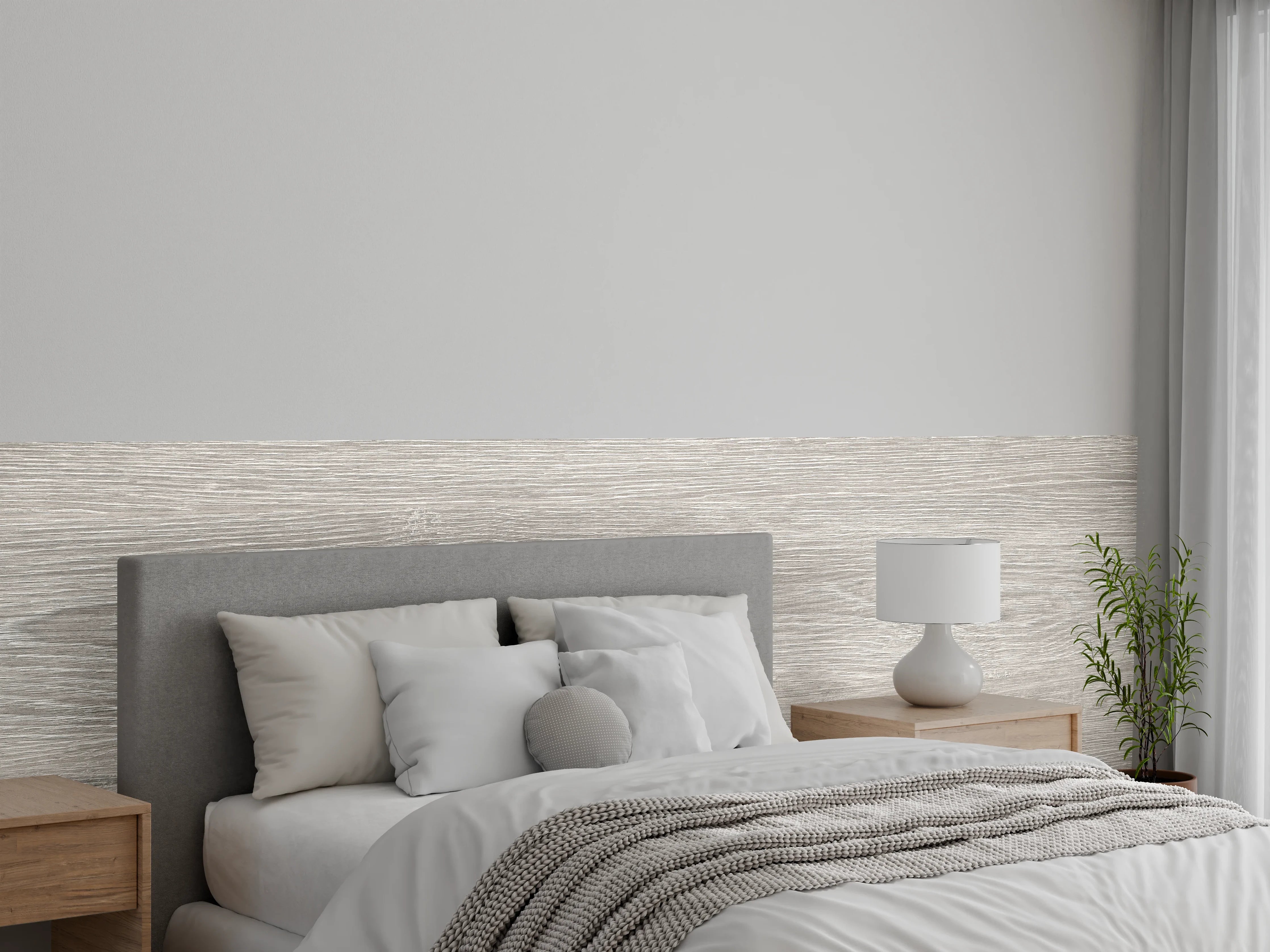 Wandverkleidung Schlafzimmer - Gräuliche Eichenholzplatte