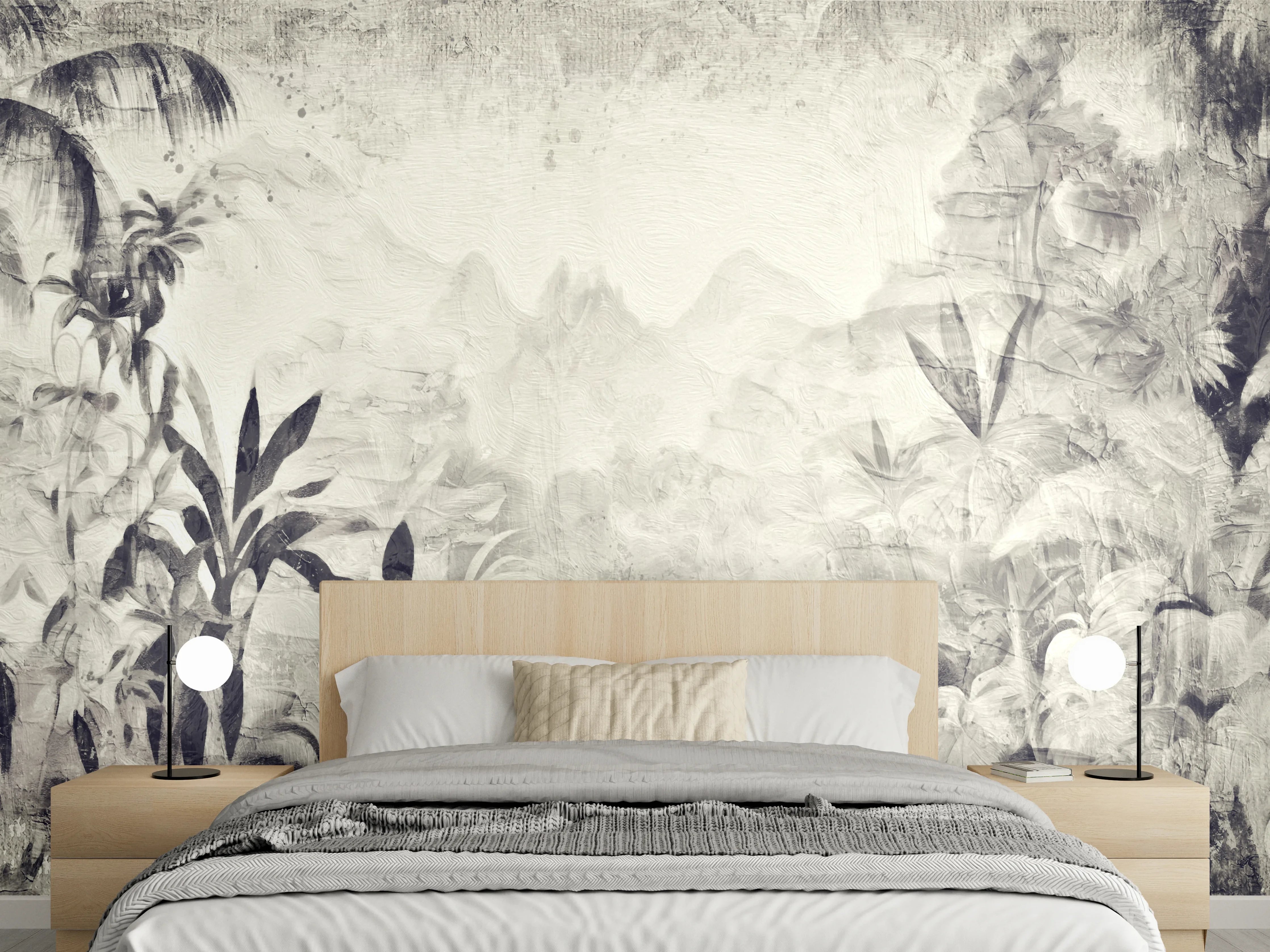 Wandverkleidung Schlafzimmer - Gräuliche Landschaft - Floral