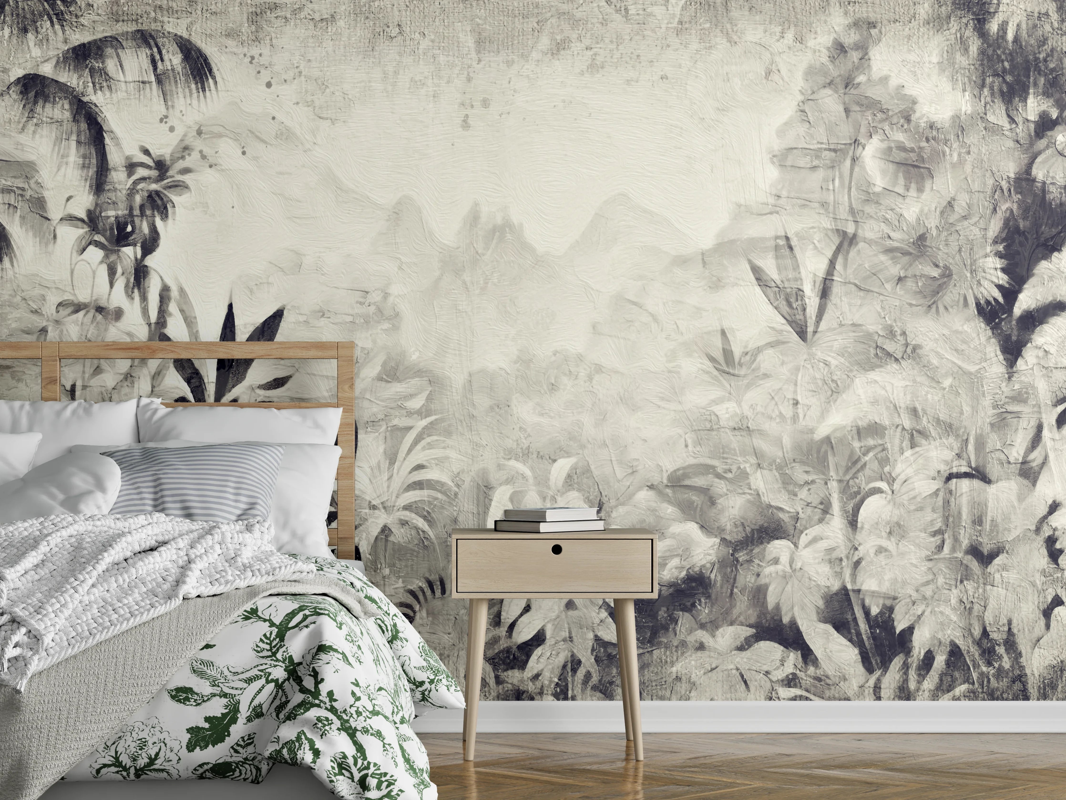 Wandverkleidung Schlafzimmer - Gräuliche Landschaft - Floral