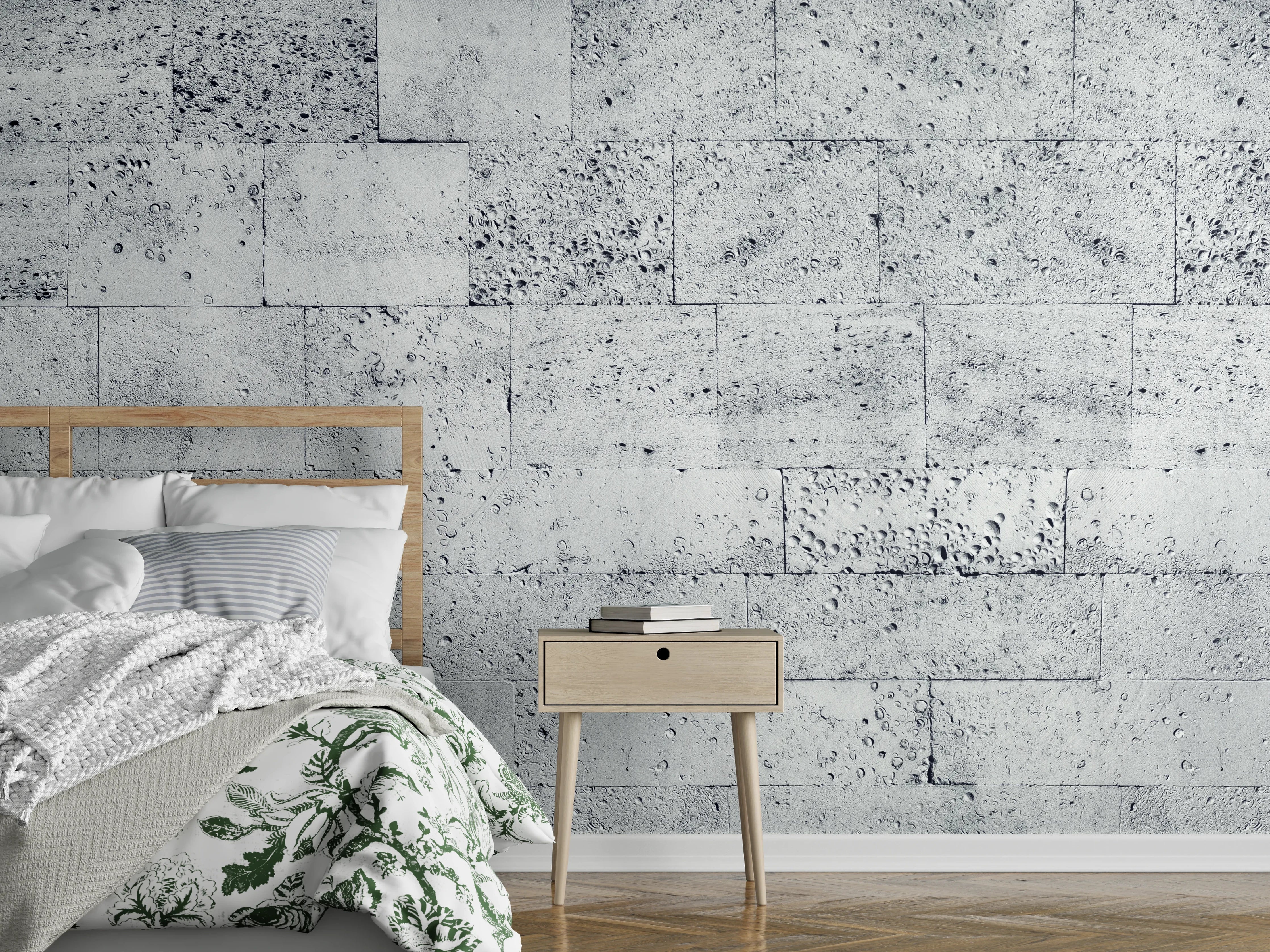 Wandverkleidung Schlafzimmer - Gräuliche Tuffstein-Blockwand