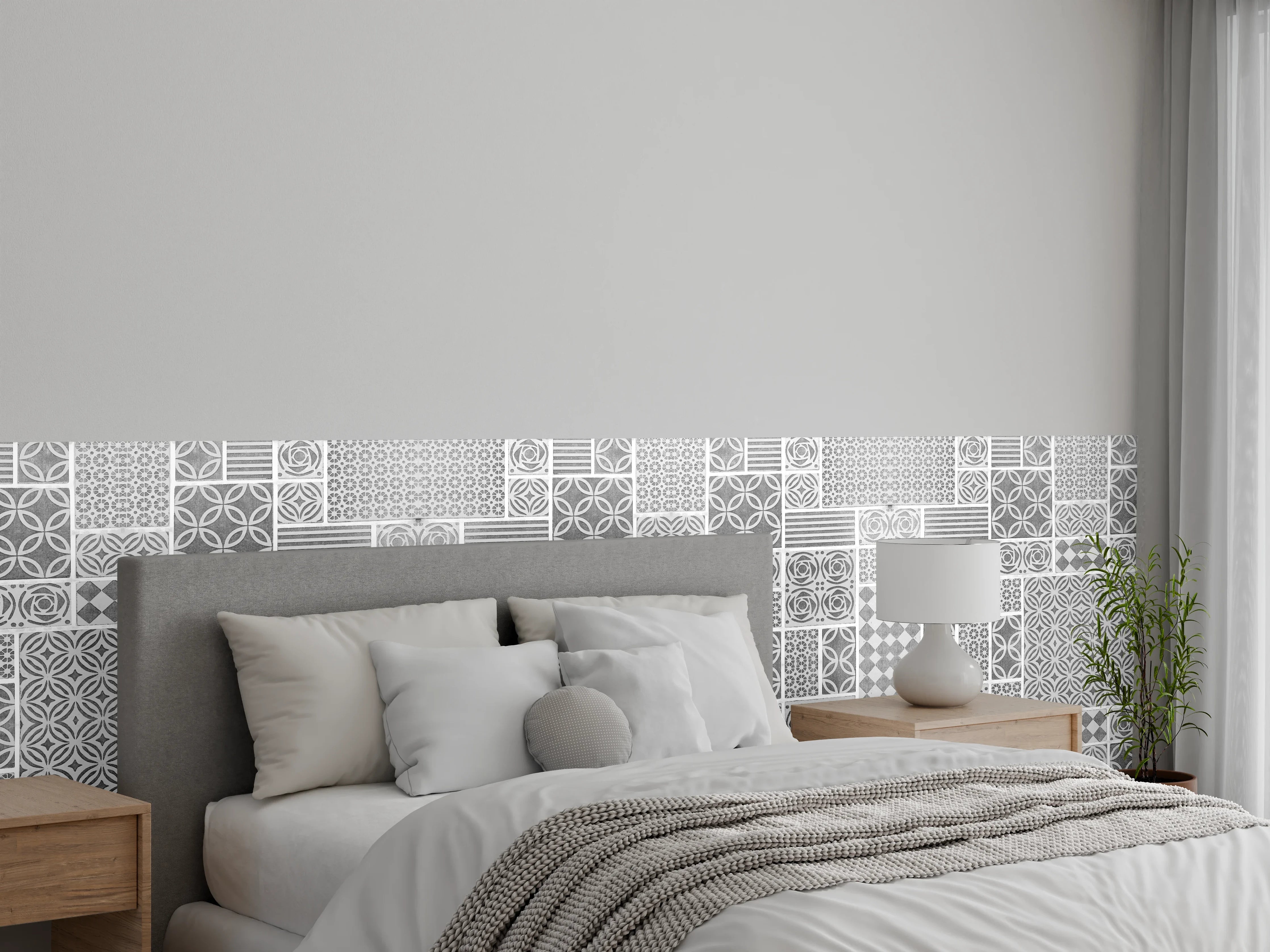 Wandverkleidung Schlafzimmer - Gräuliche geometrische Fliesen