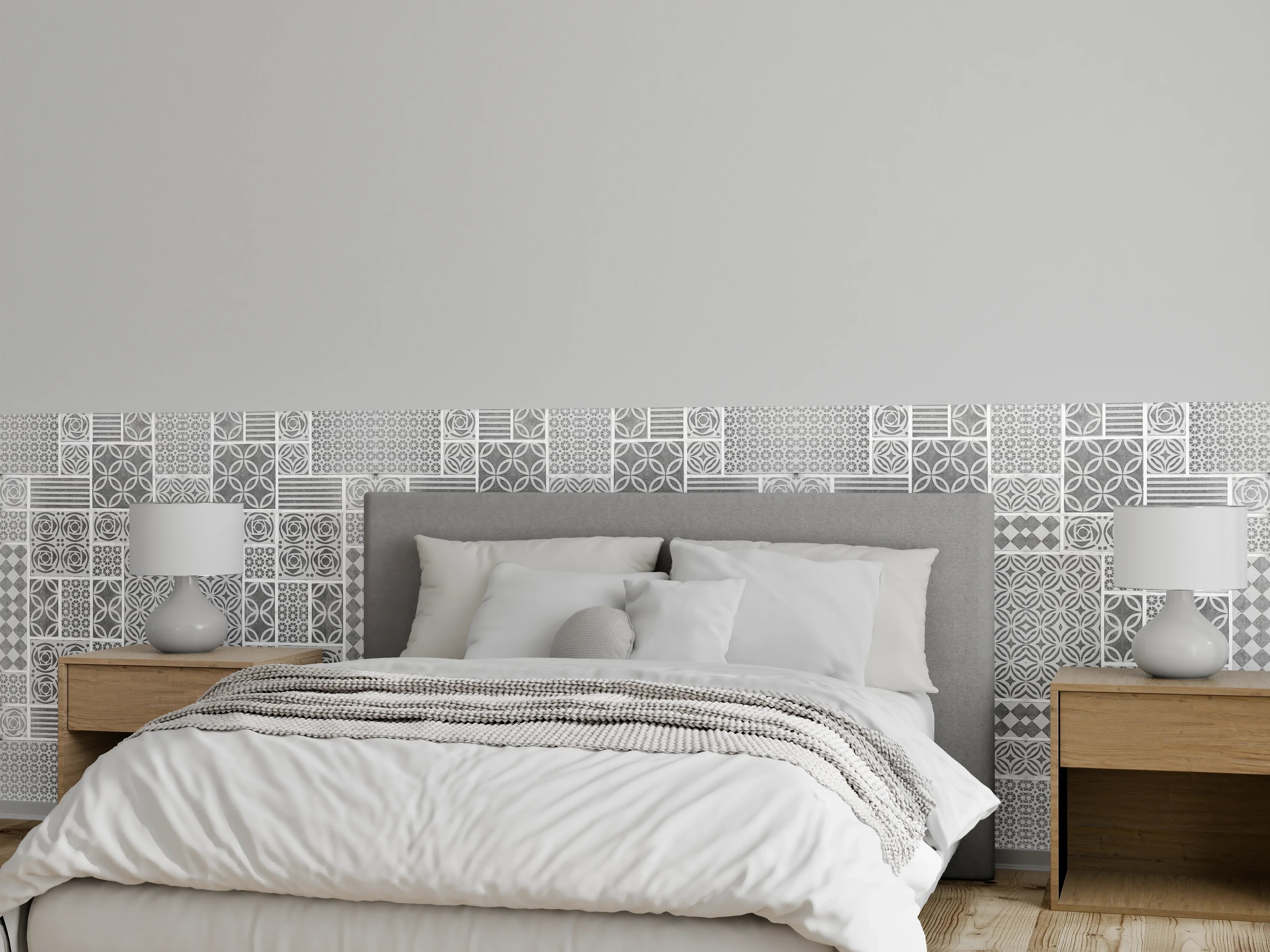 Wandverkleidung Schlafzimmer - Gräuliche geometrische Fliesen