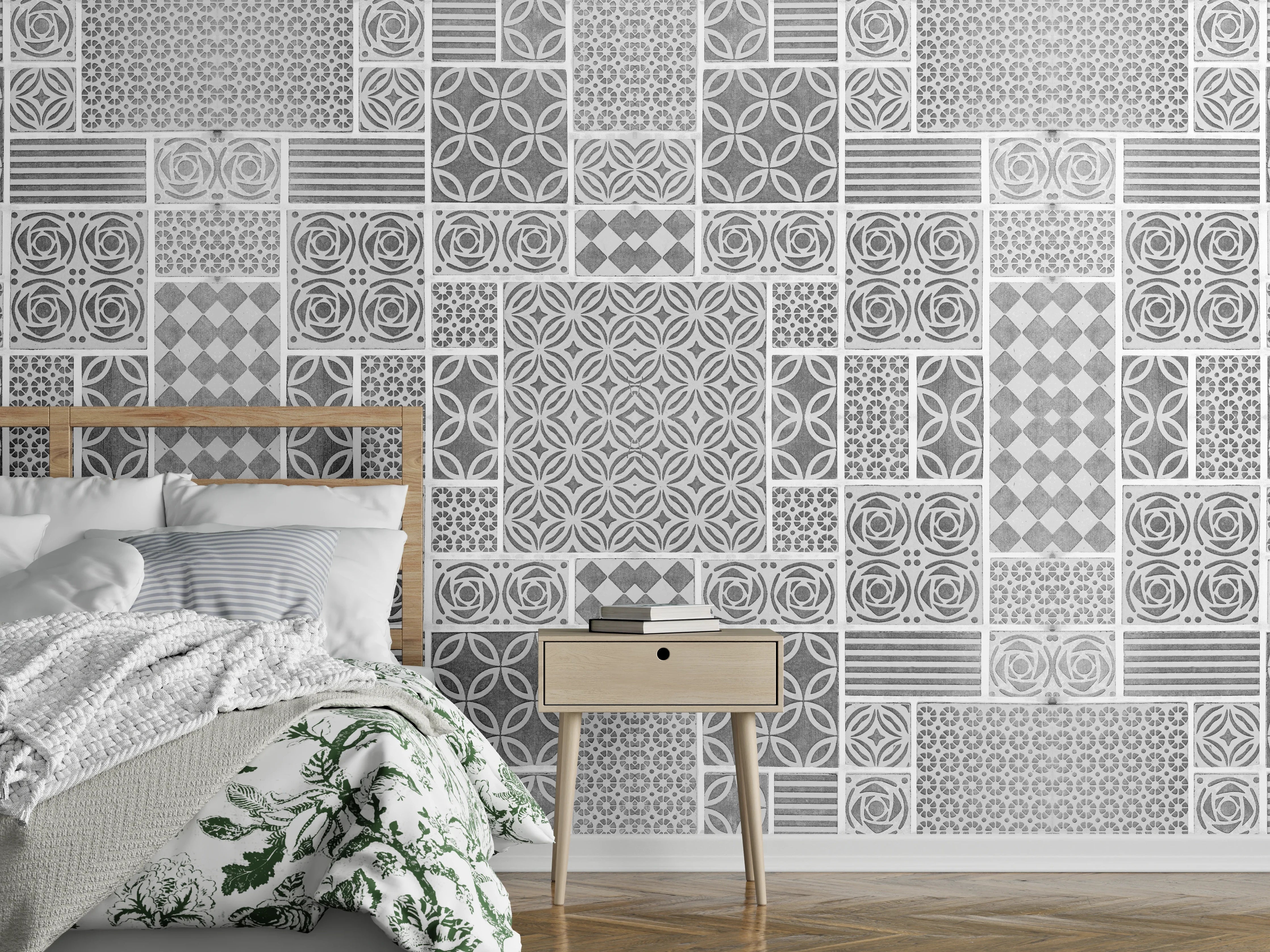 Wandverkleidung Schlafzimmer - Gräuliche geometrische Fliesen