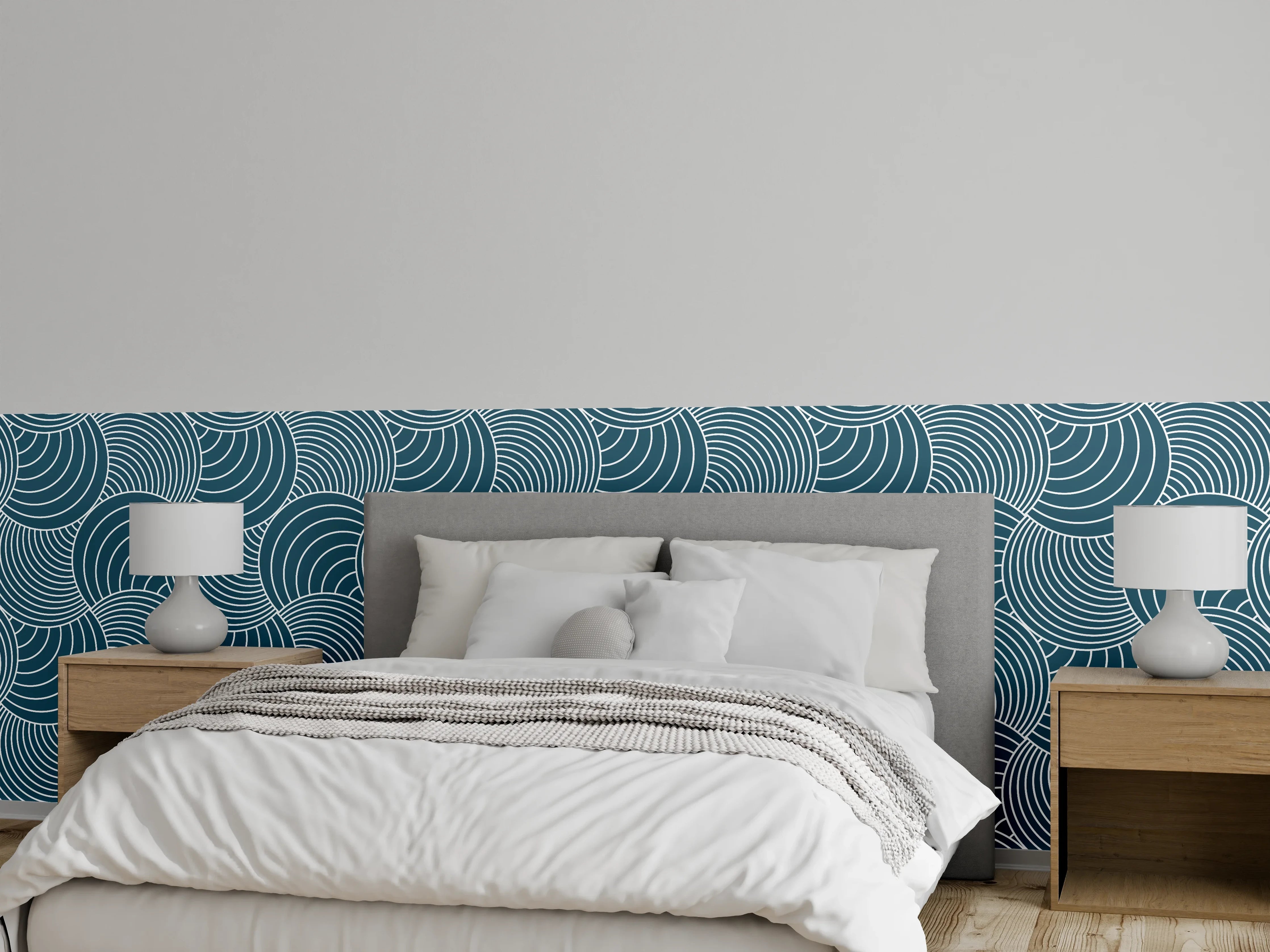 Wandverkleidung Schlafzimmer - Grafik Wellenmuster Blau Weiß Modern