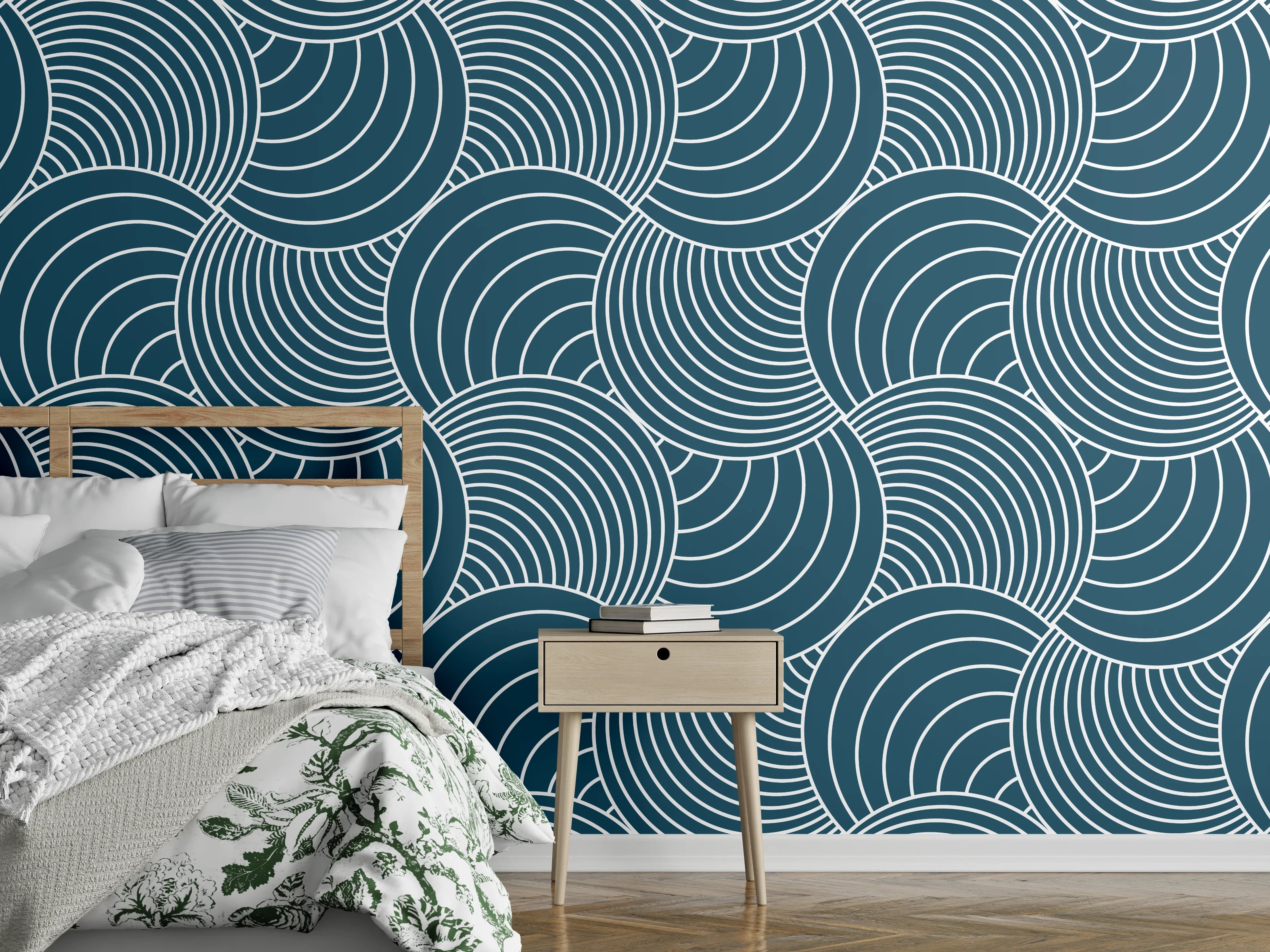 Wandverkleidung Schlafzimmer - Grafik Wellenmuster Blau Weiß Modern