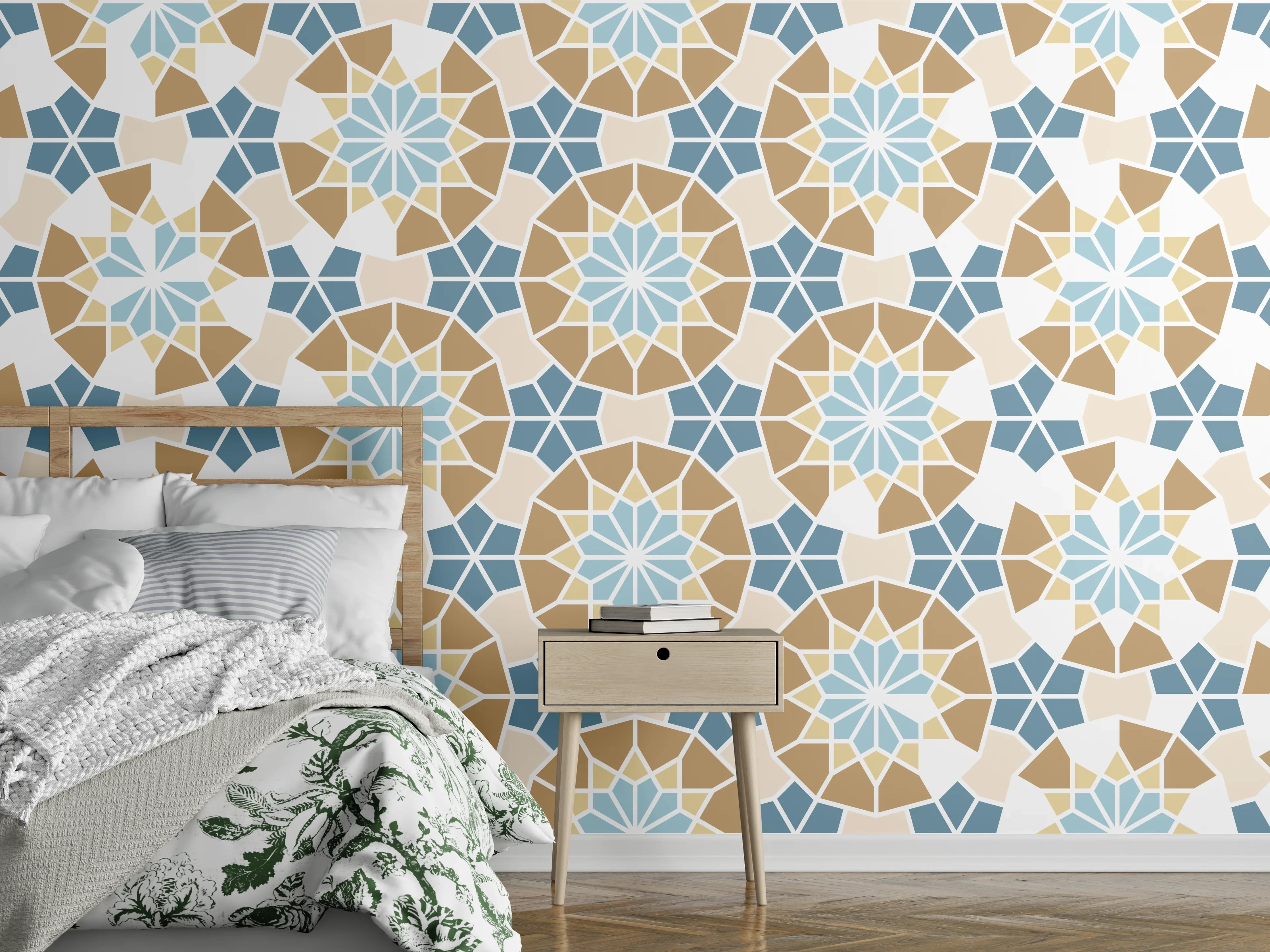 Wandverkleidung Schlafzimmer - Grafisches Blau Beige Muster