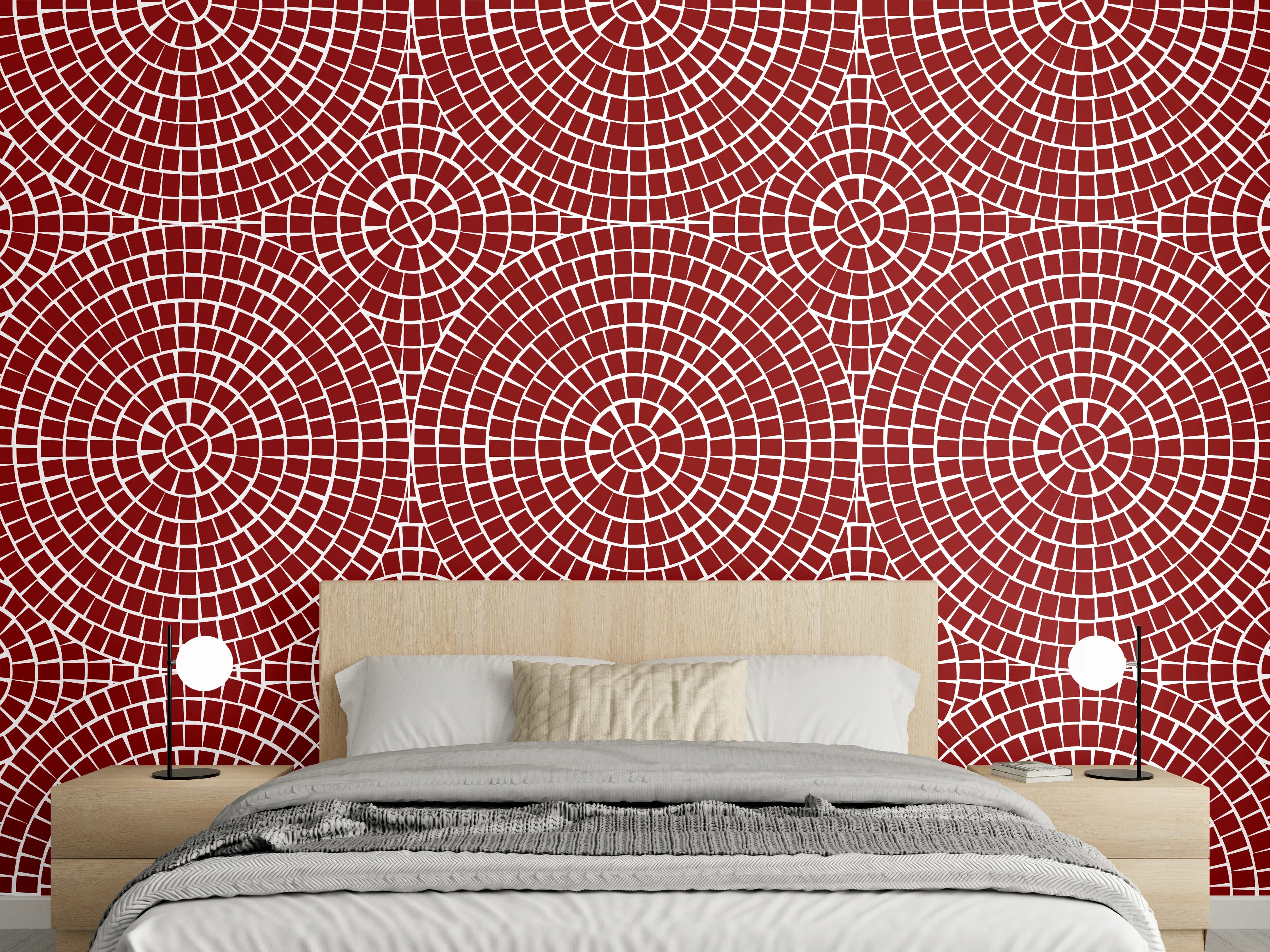 Wandverkleidung Schlafzimmer - Grafisches Kreis-Muster Rot Weiß Modern