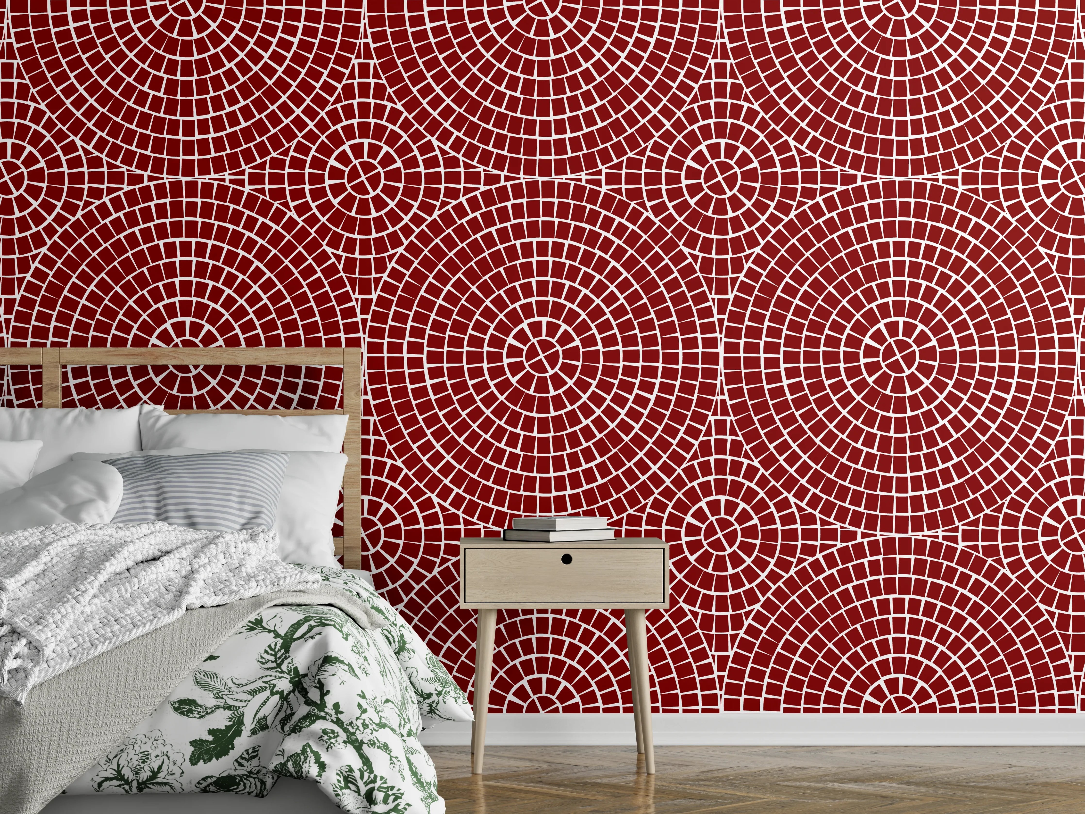 Wandverkleidung Schlafzimmer - Grafisches Kreis-Muster Rot Weiß Modern