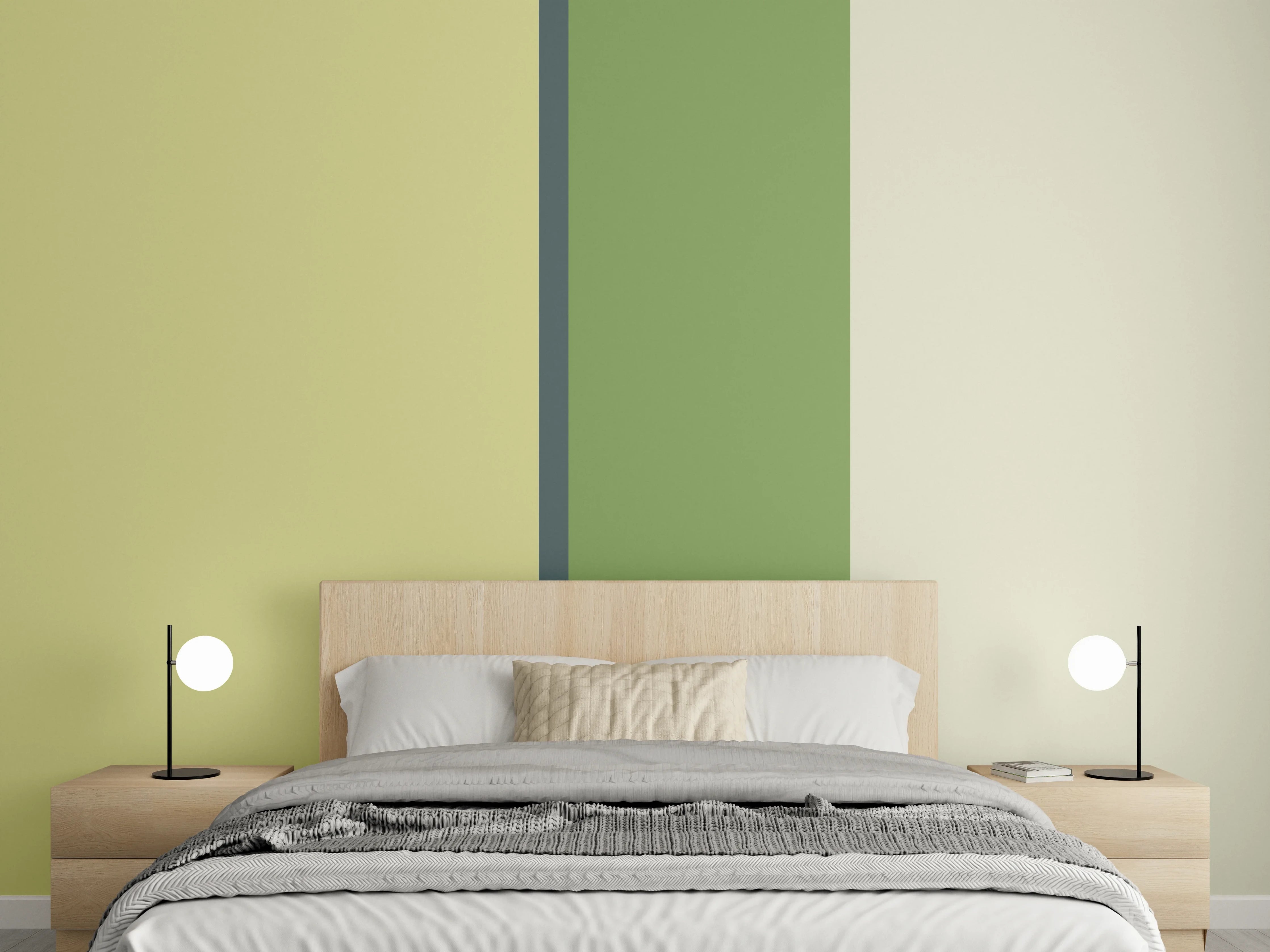 Wandverkleidung Schlafzimmer - Grafisches Streifenmuster in Grün und Gelb