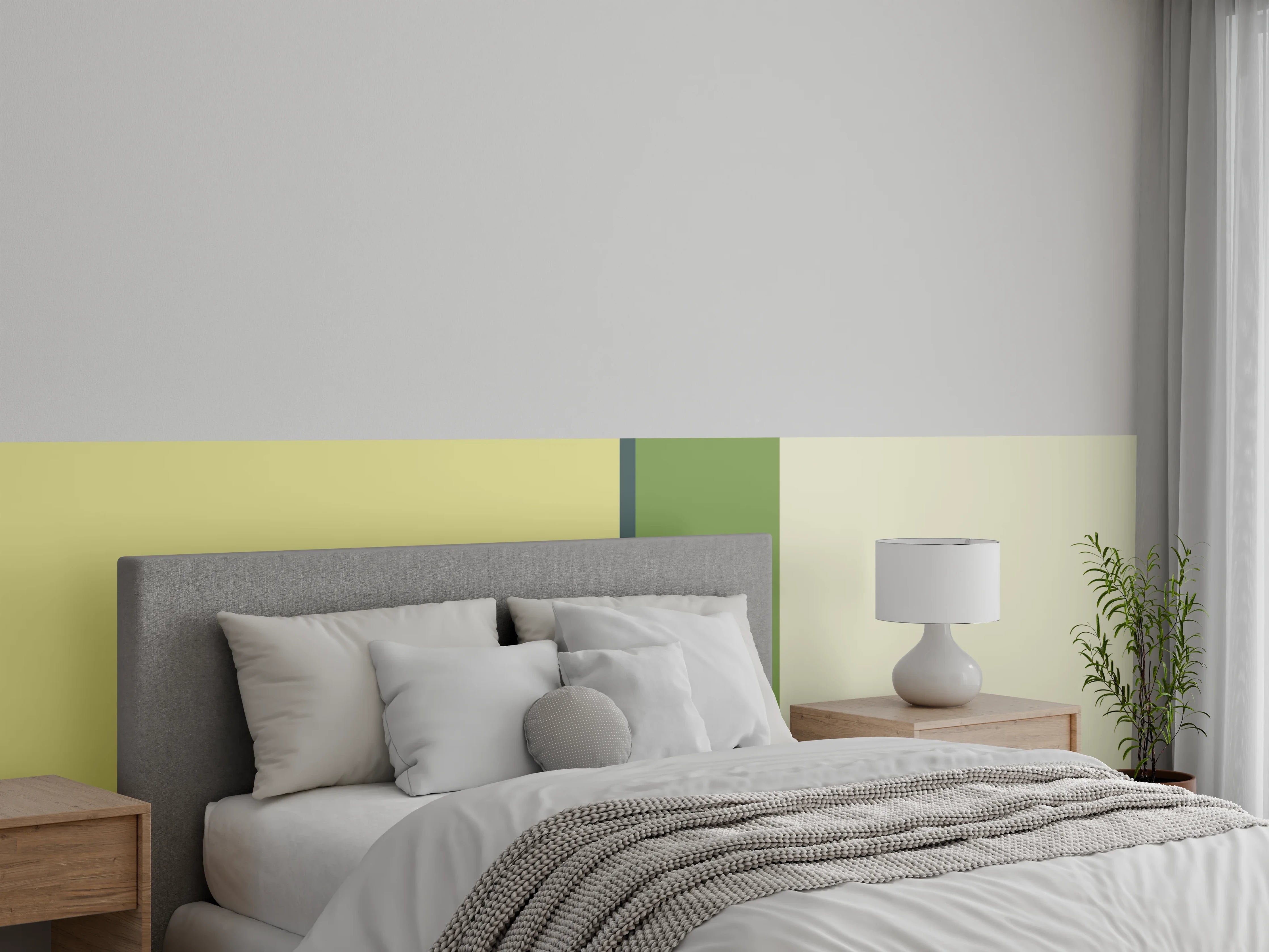 Wandverkleidung Schlafzimmer - Grafisches Streifenmuster in Grün und Gelb