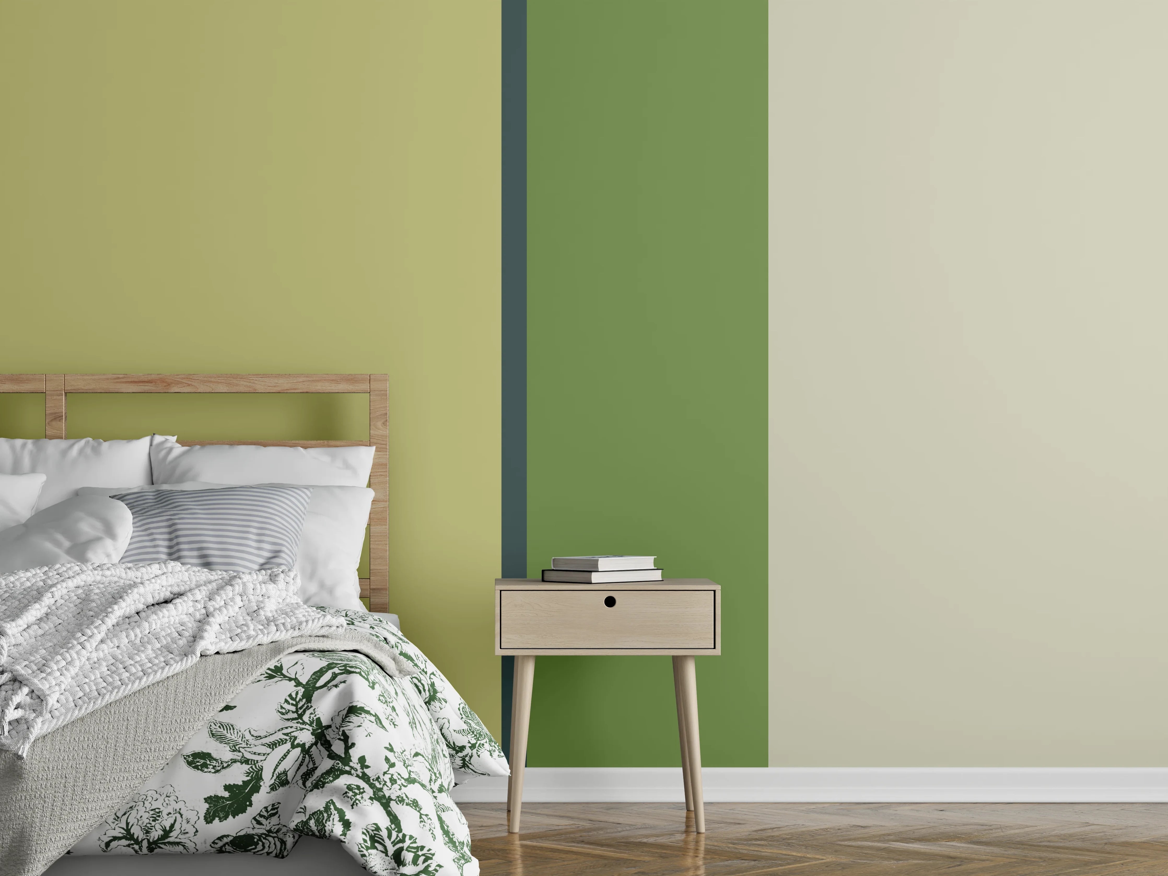 Wandverkleidung Schlafzimmer - Grafisches Streifenmuster in Grün und Gelb