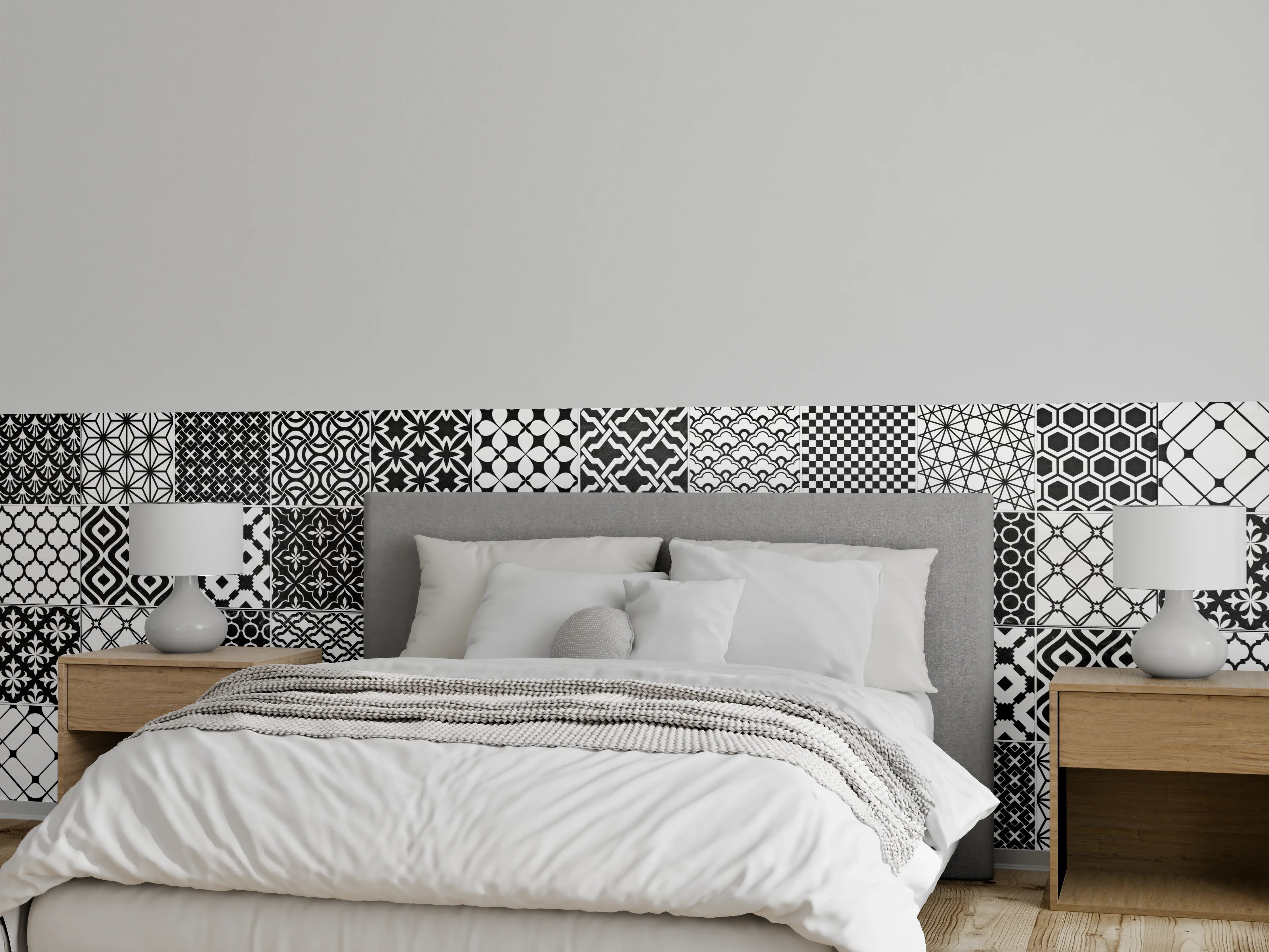 Wandverkleidung Schlafzimmer - Grau-Weiß geometrisch Mosaik
