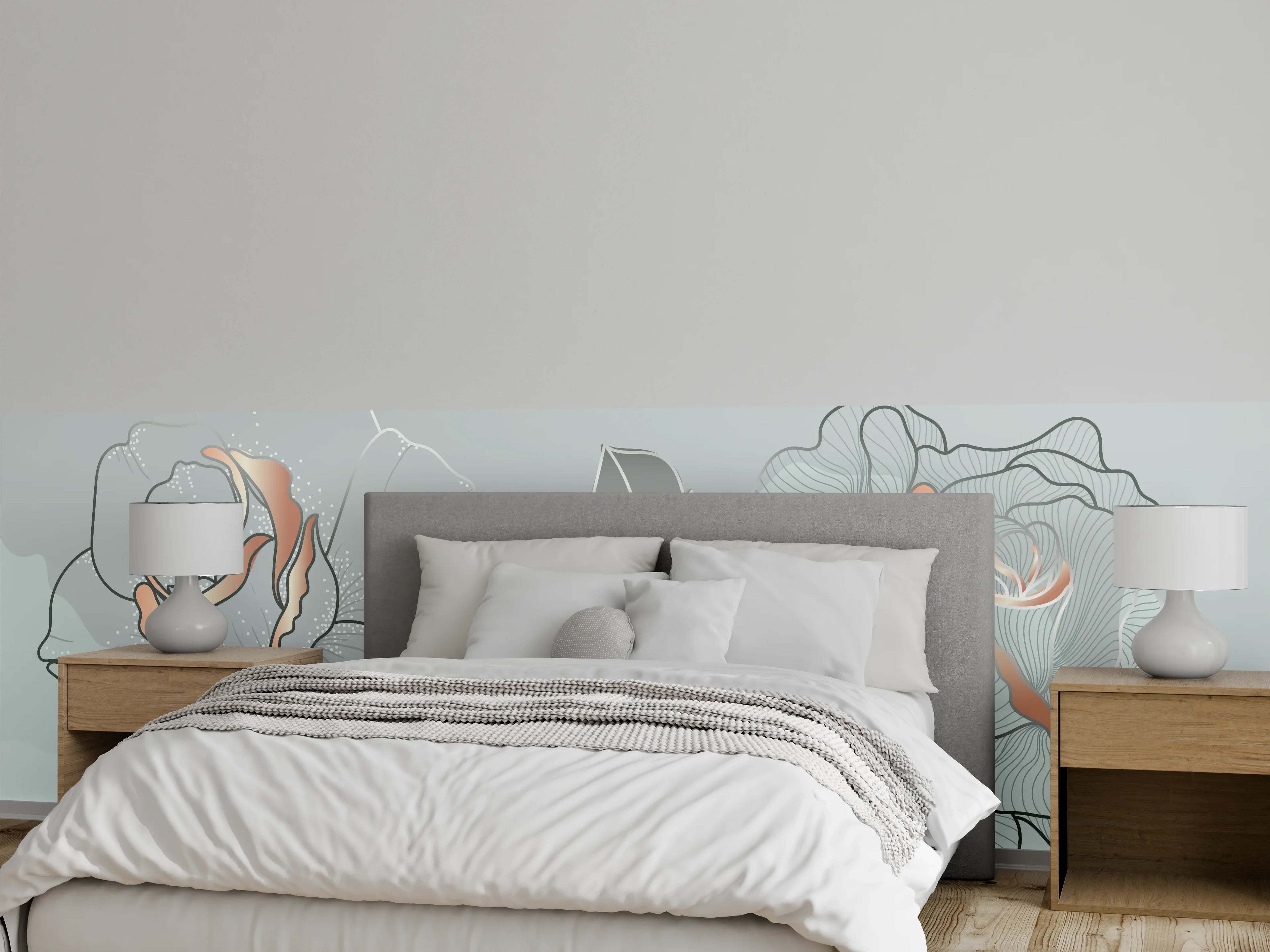 Wandverkleidung Schlafzimmer - Grau-Weiße Blumenillustration