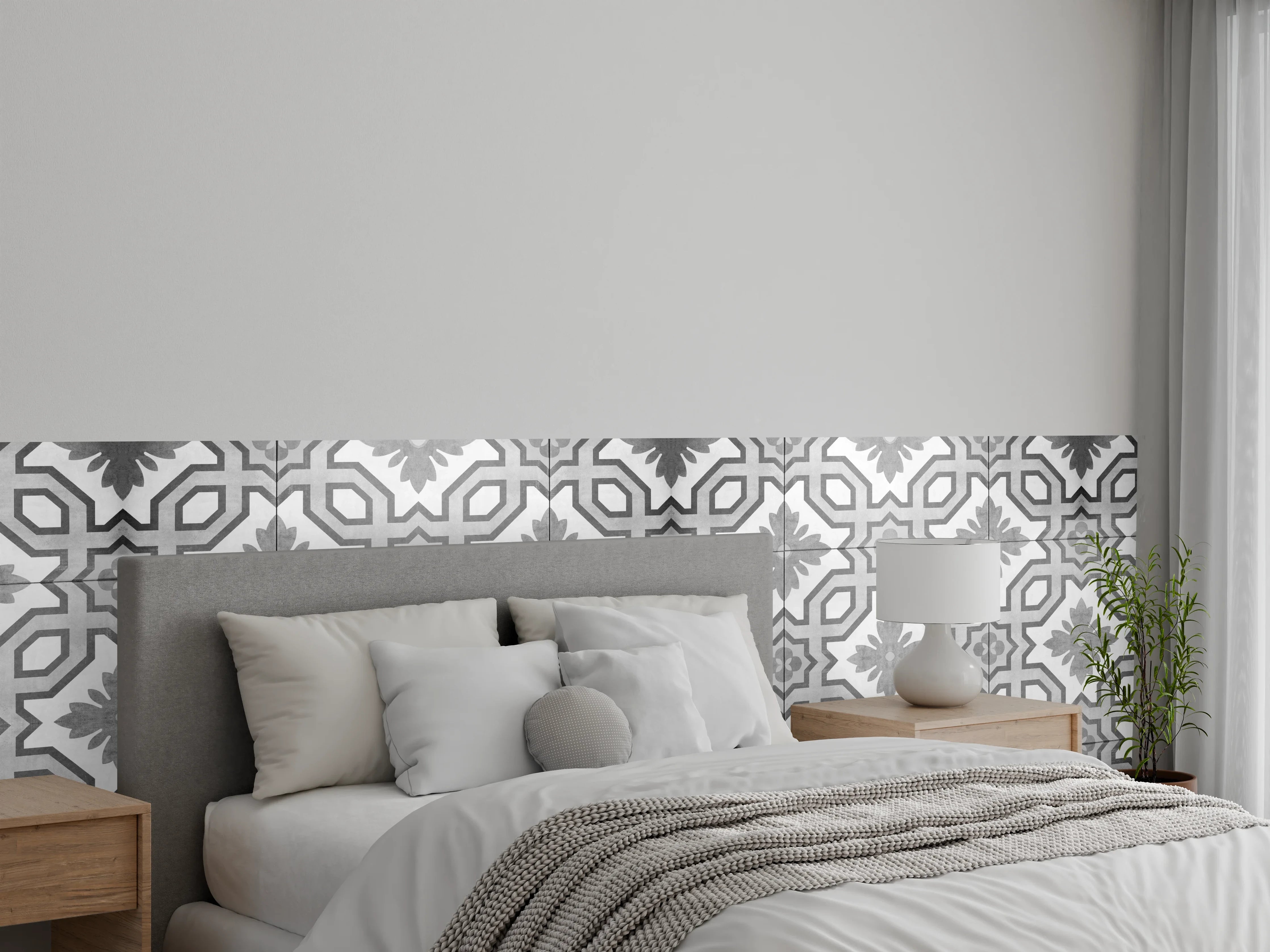 Wandverkleidung Schlafzimmer - Grau-Weiße Vintage Retro Fliesen