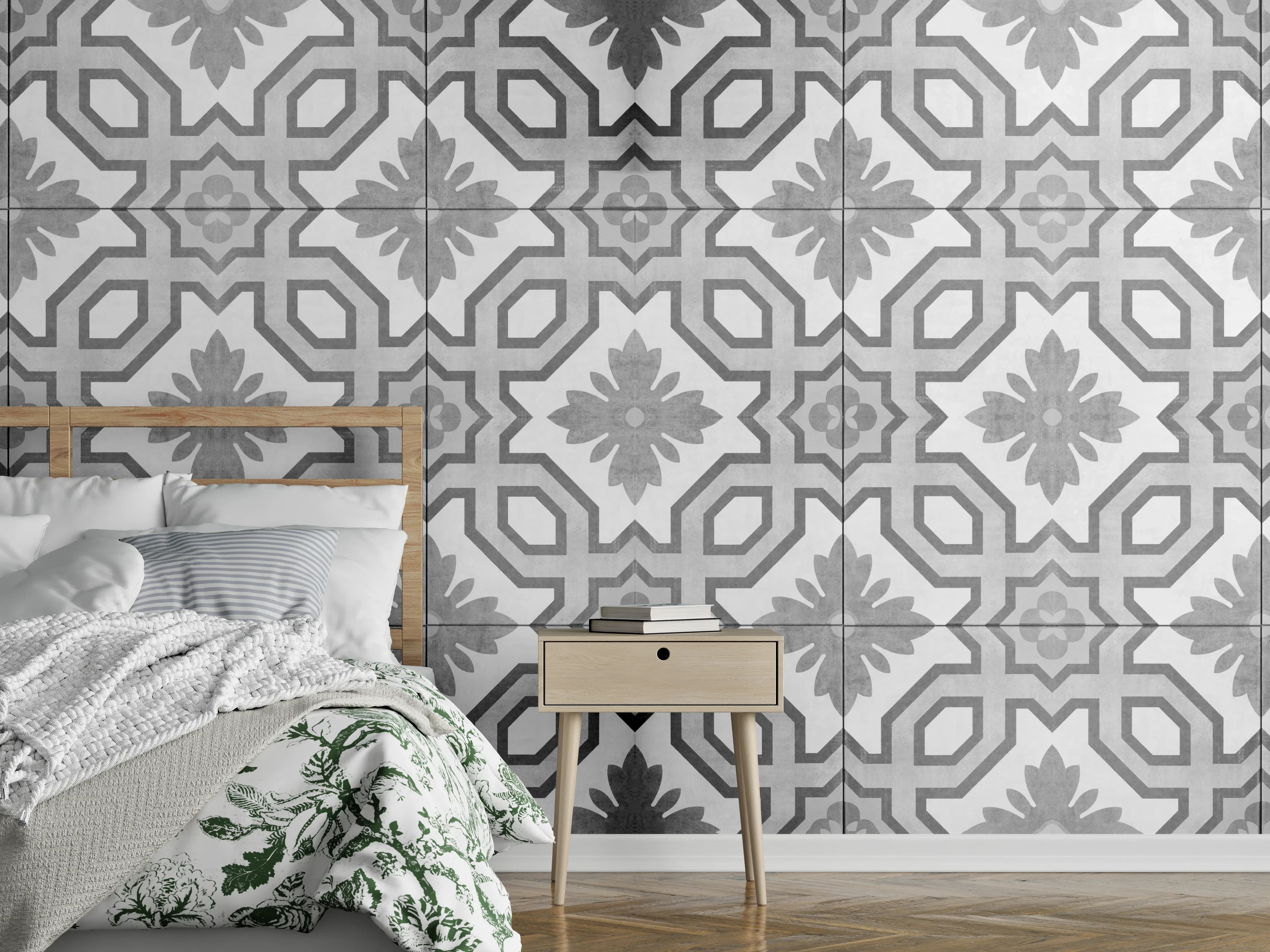 Wandverkleidung Schlafzimmer - Grau-Weiße Vintage Retro Fliesen