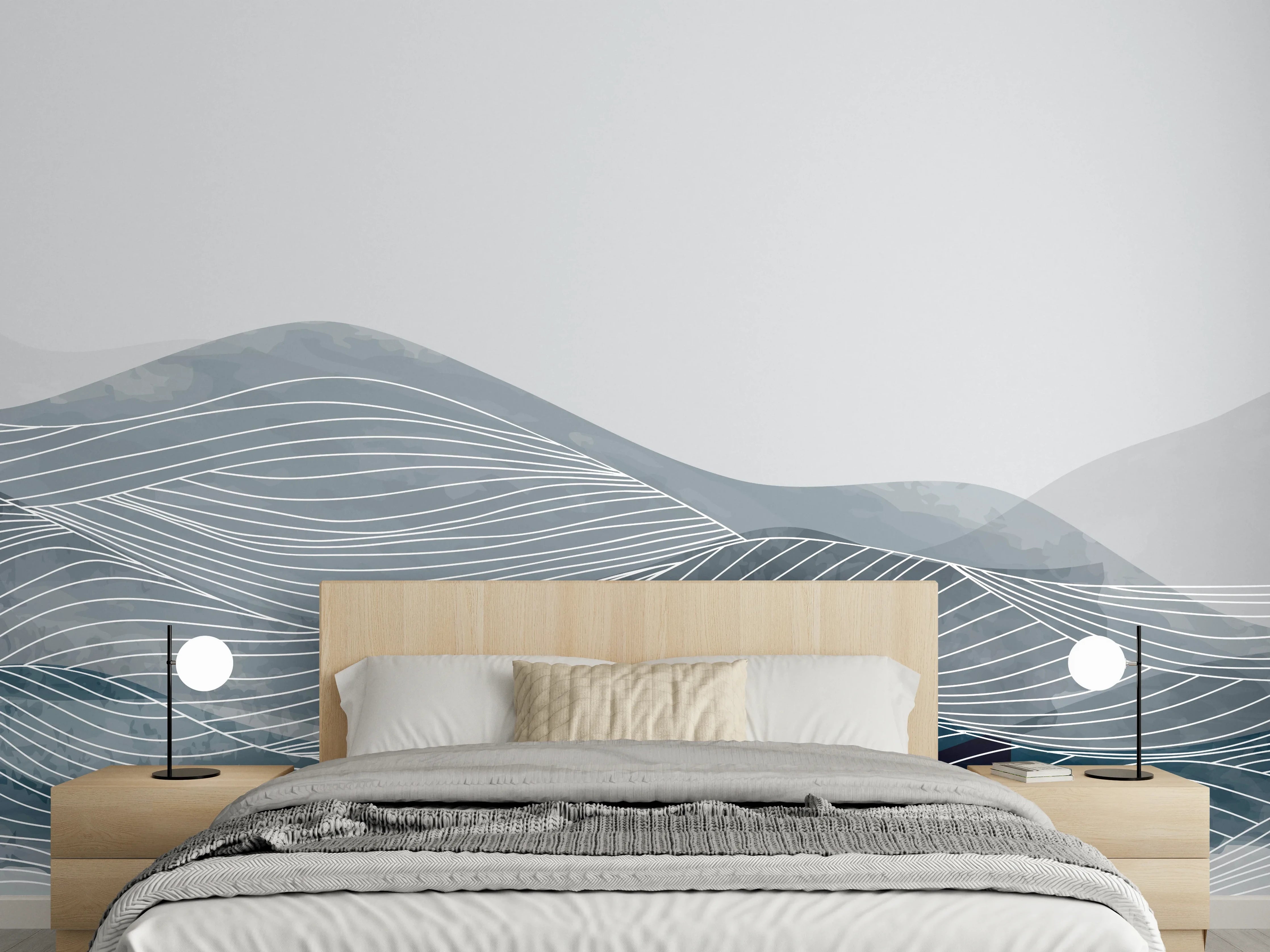 Wandverkleidung Schlafzimmer - Grau-Weiße Wellenlinien Kunst