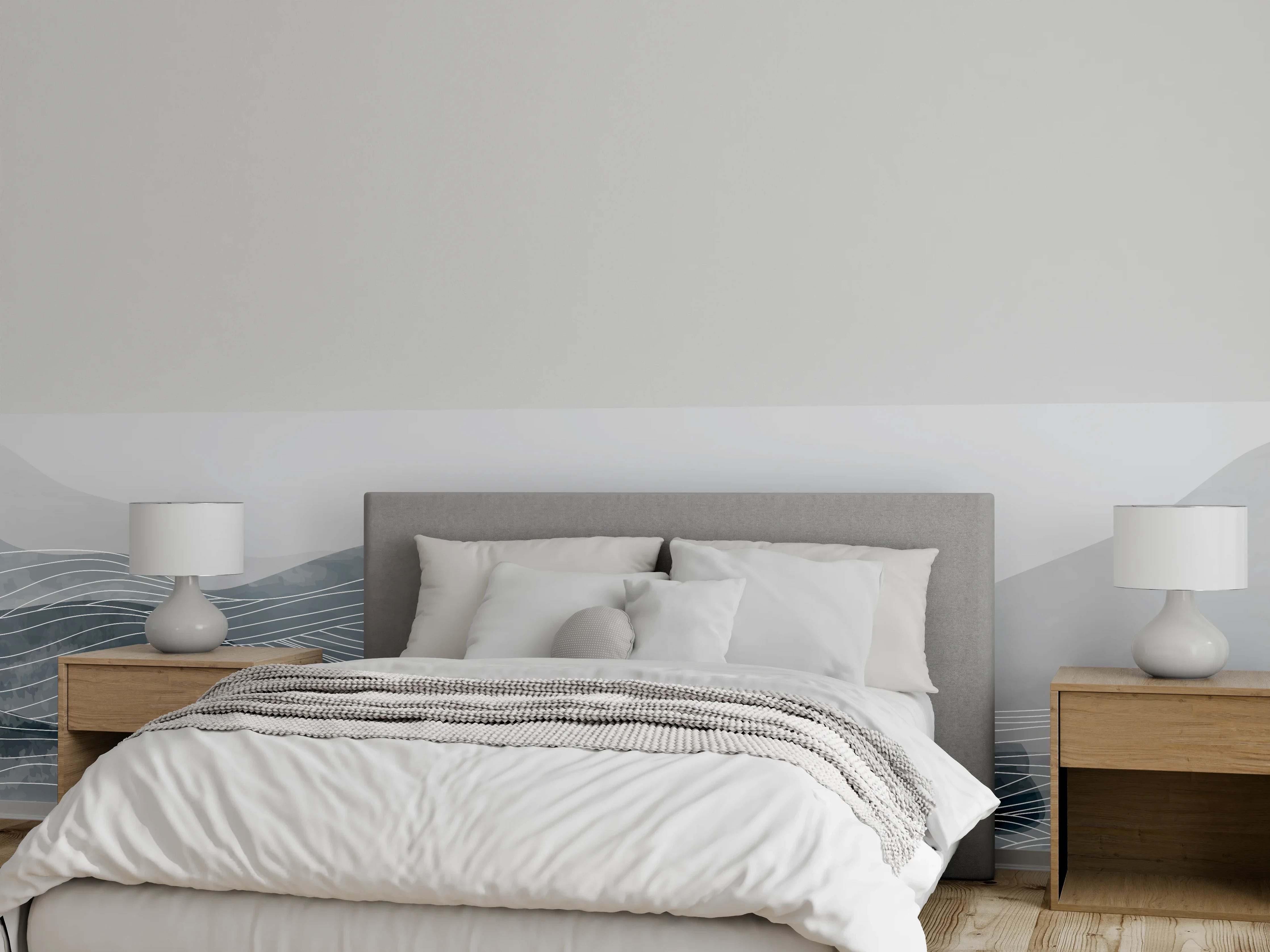 Wandverkleidung Schlafzimmer - Grau-Weiße Wellenlinien Kunst