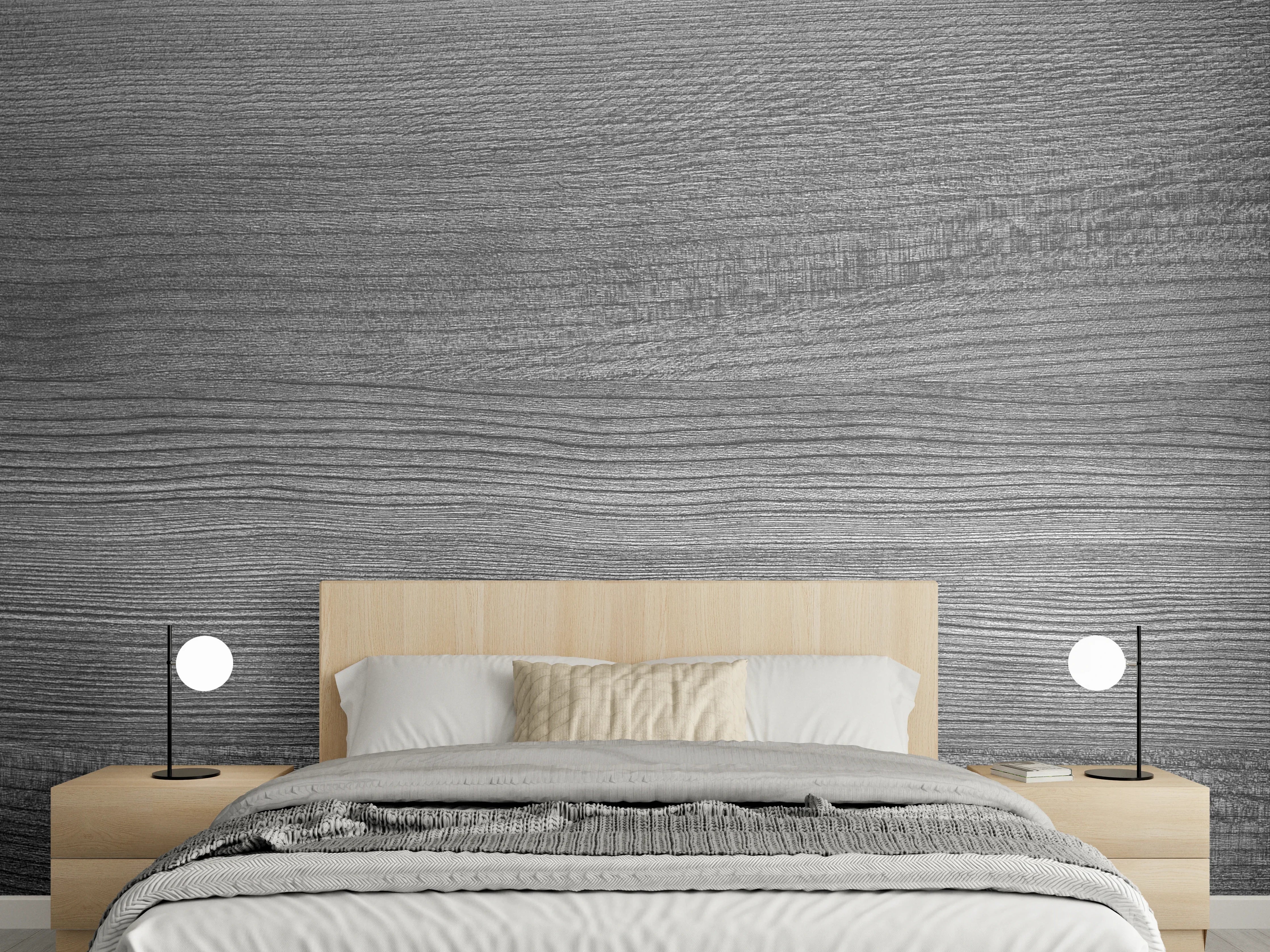Wandverkleidung Schlafzimmer - Grau melierte Holzoptik mit feiner Maserung