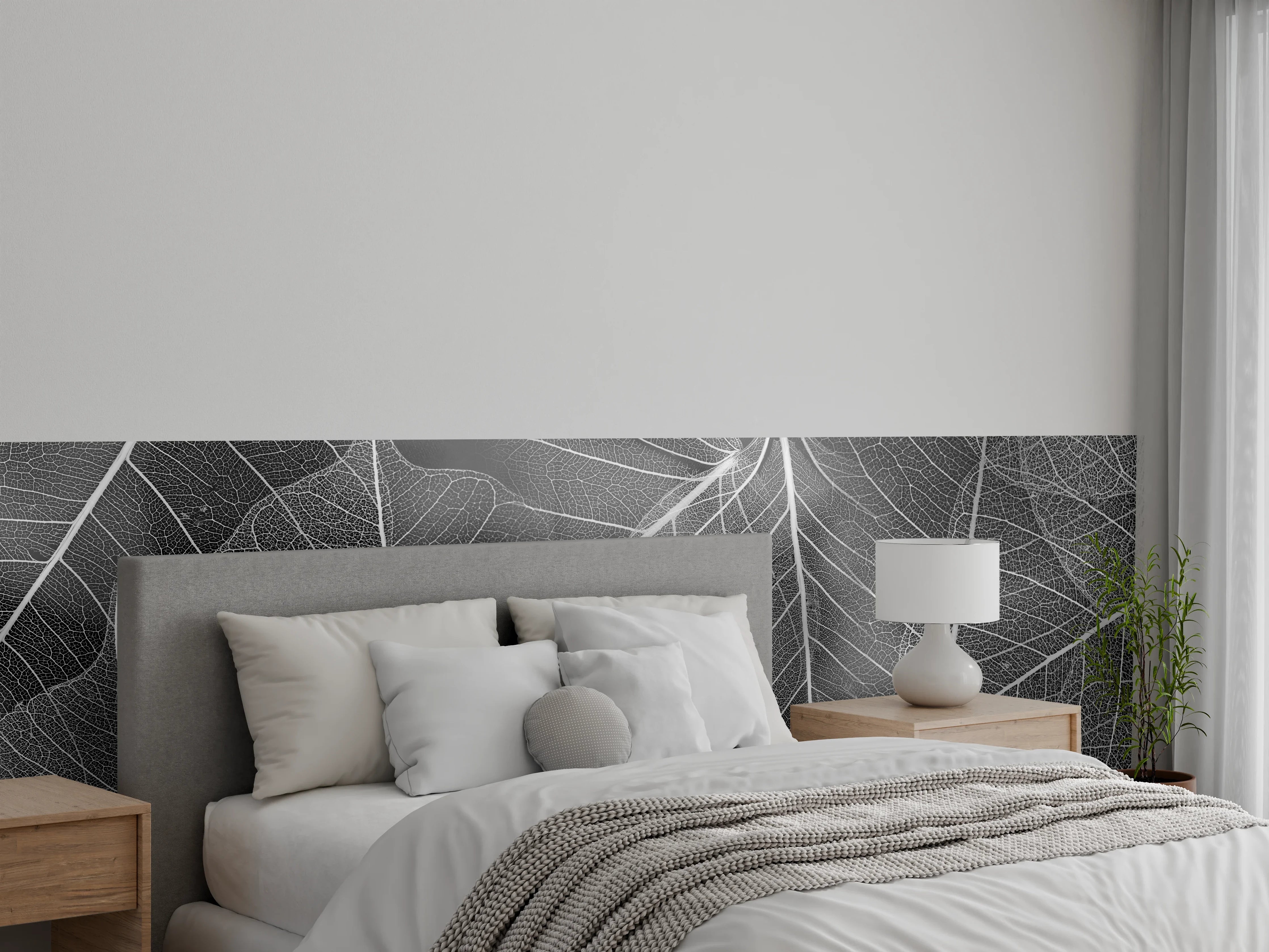Wandverkleidung Schlafzimmer - Grau-weißes Blattmuster Close-up