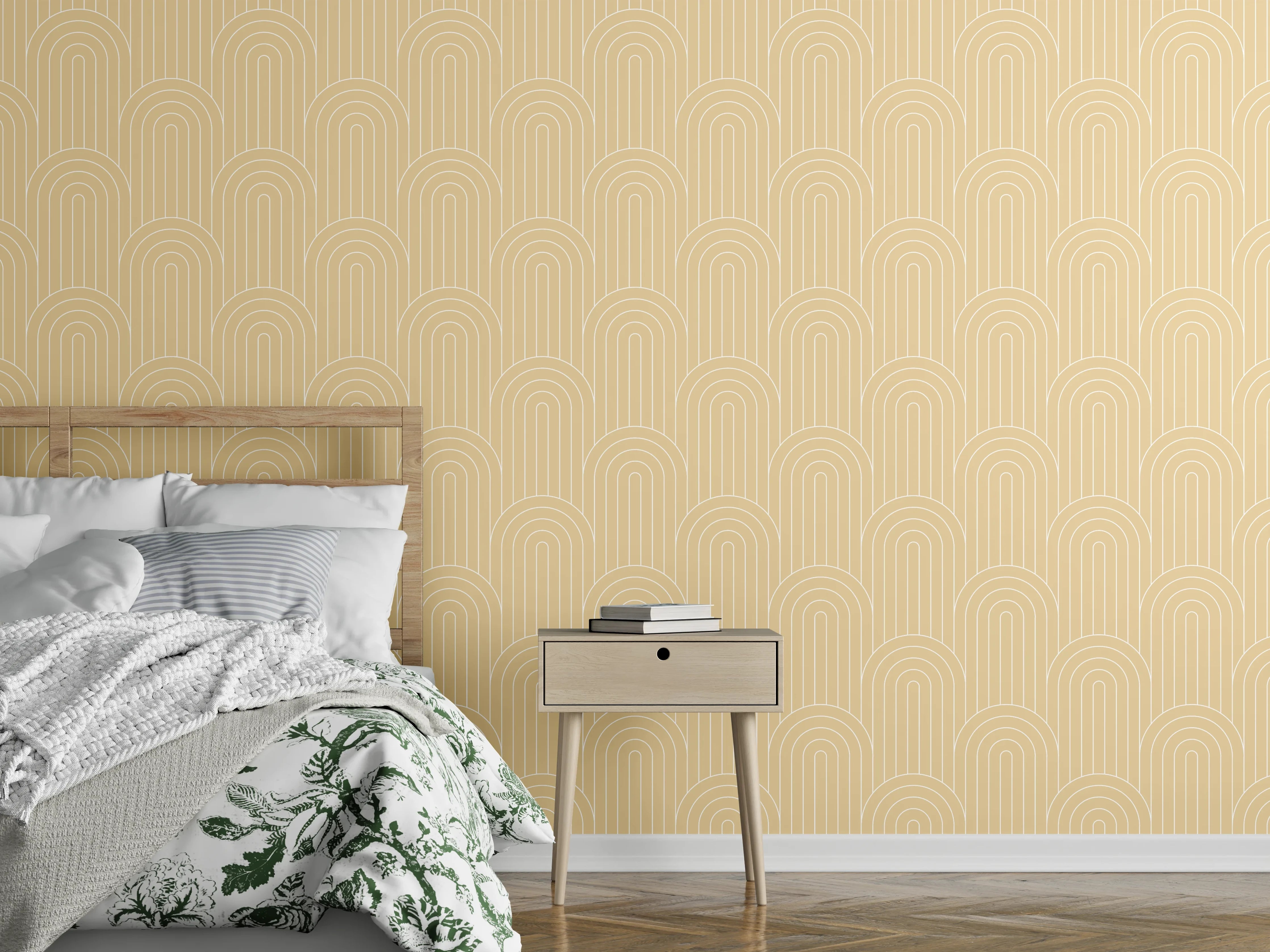 Wandverkleidung Schlafzimmer - Graubeige Tapete mit weißen Mustern