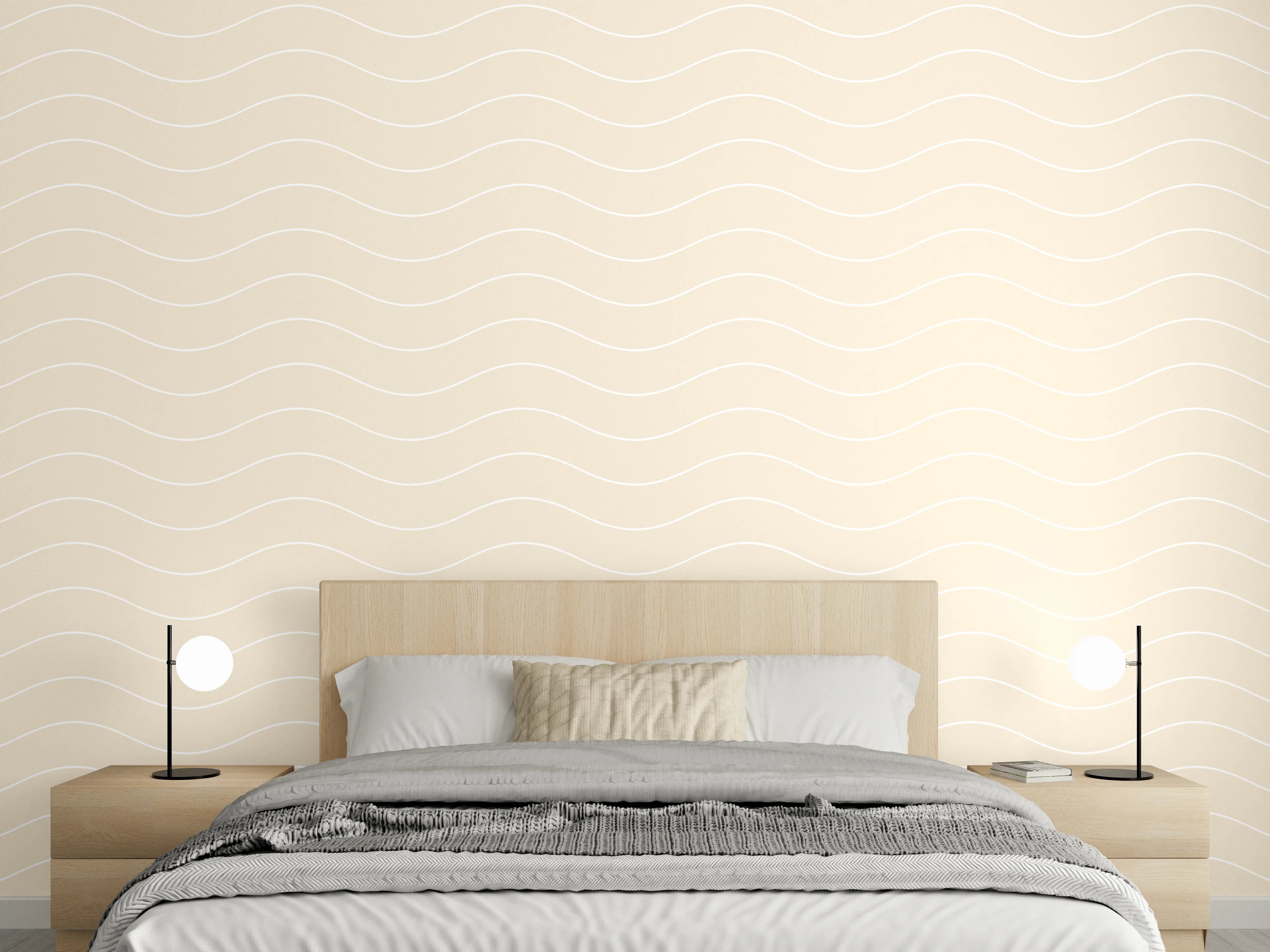 Wandverkleidung Schlafzimmer - Graubeige Wellentapete mit weißen Akzenten