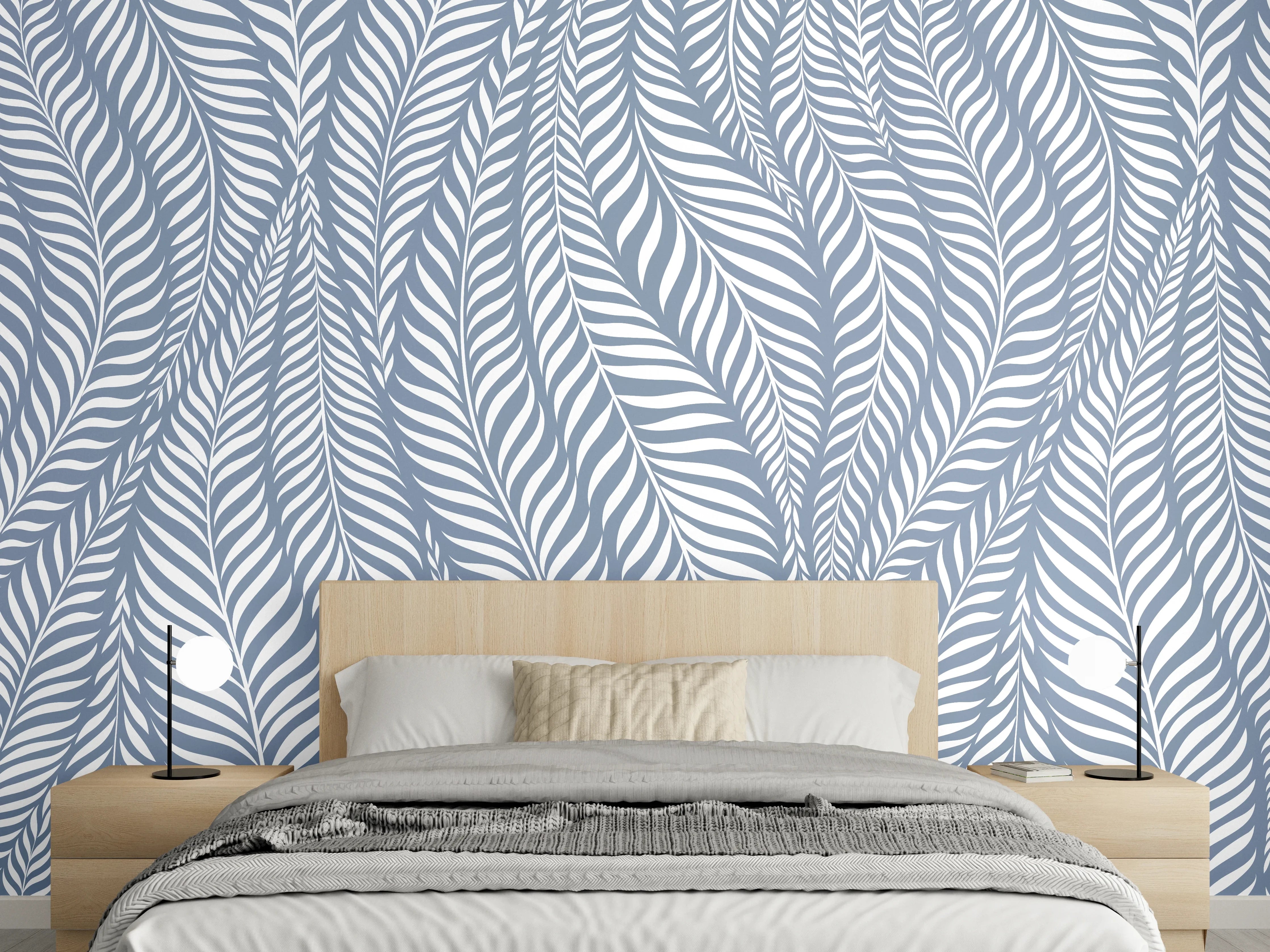 Wandverkleidung Schlafzimmer - Graublau Palmblatt Design Tapete