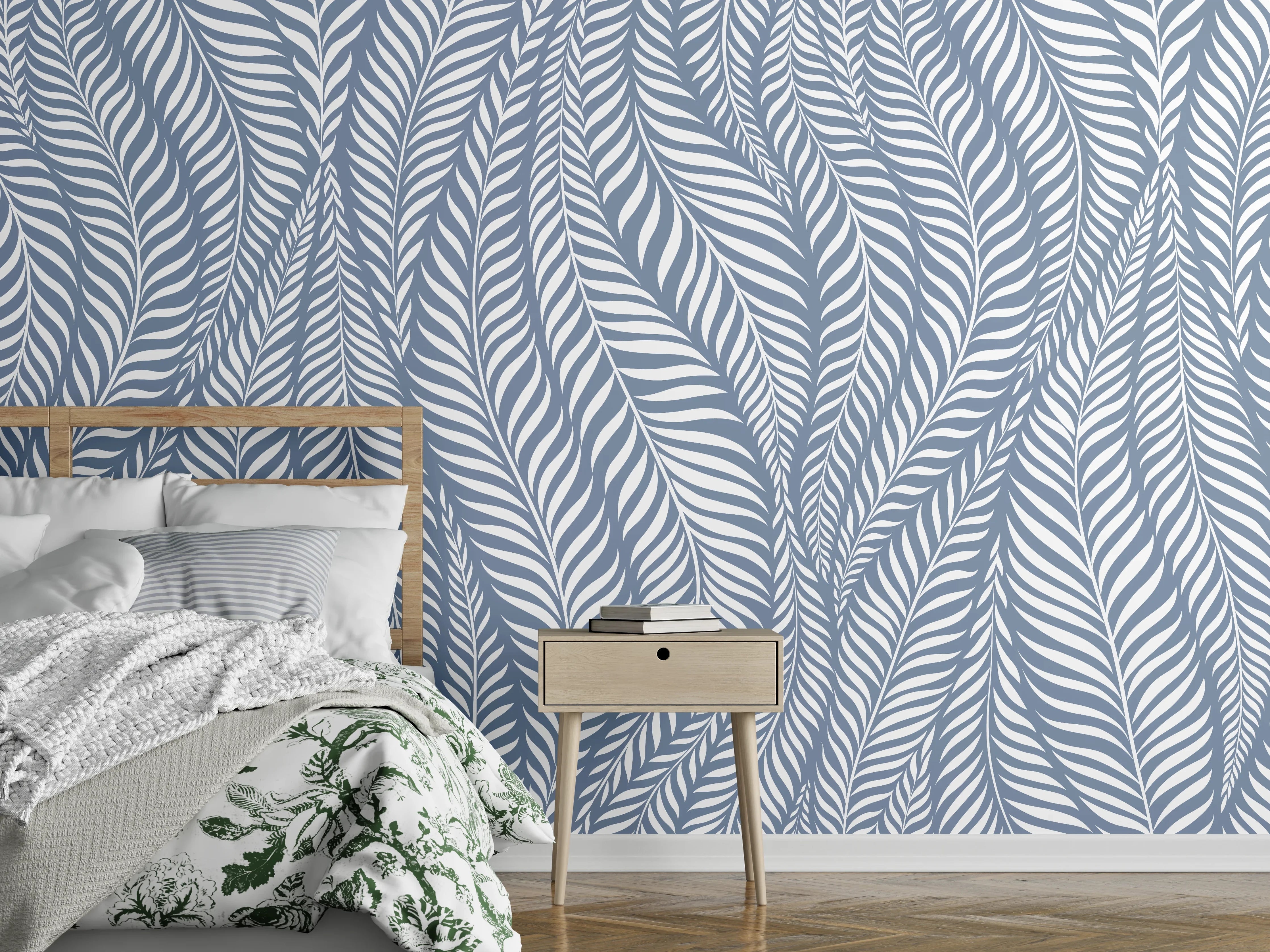 Wandverkleidung Schlafzimmer - Graublau Palmblatt Design Tapete