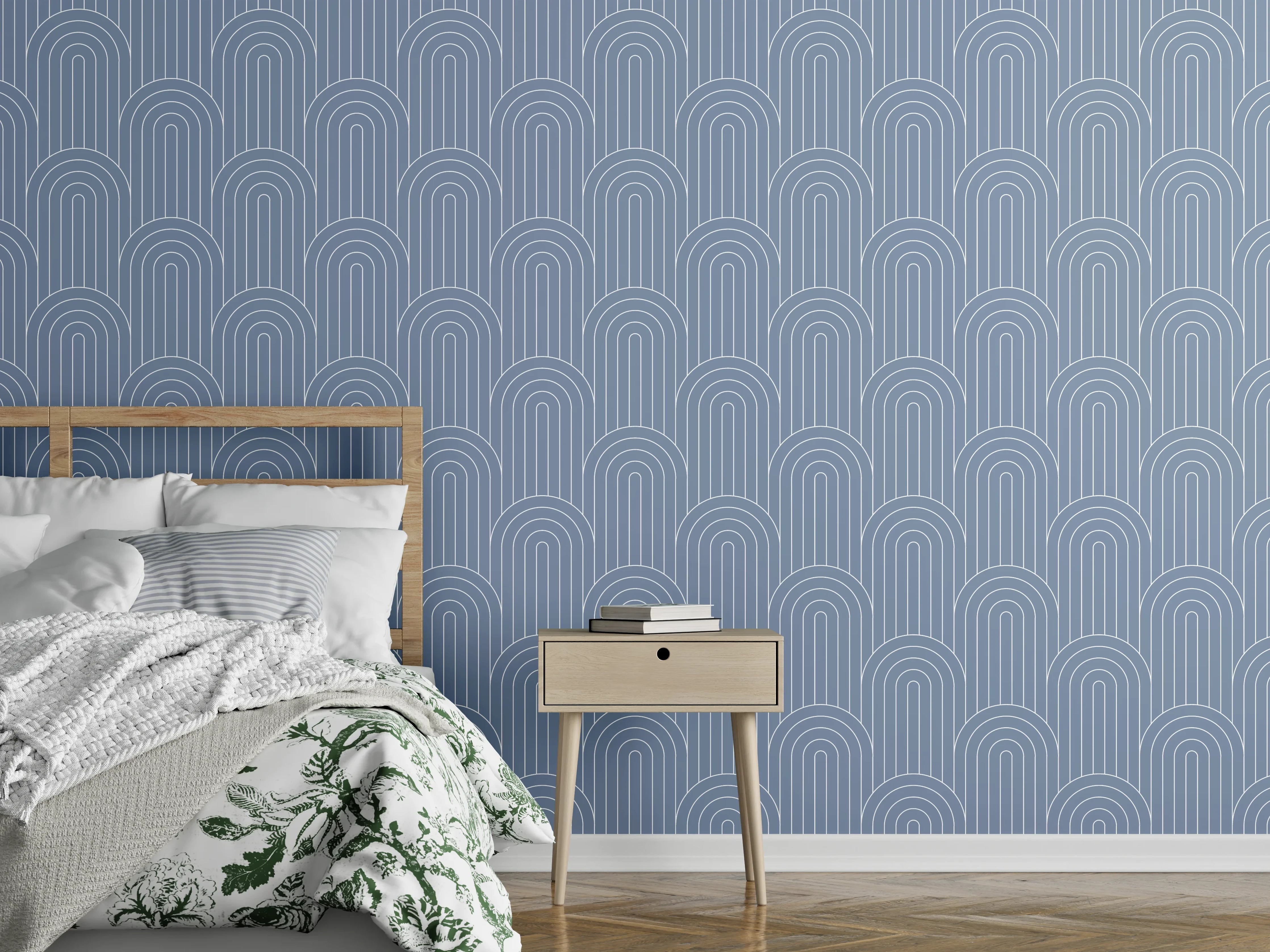 Wandverkleidung Schlafzimmer - Graublaue Linienkunst auf Weiß
