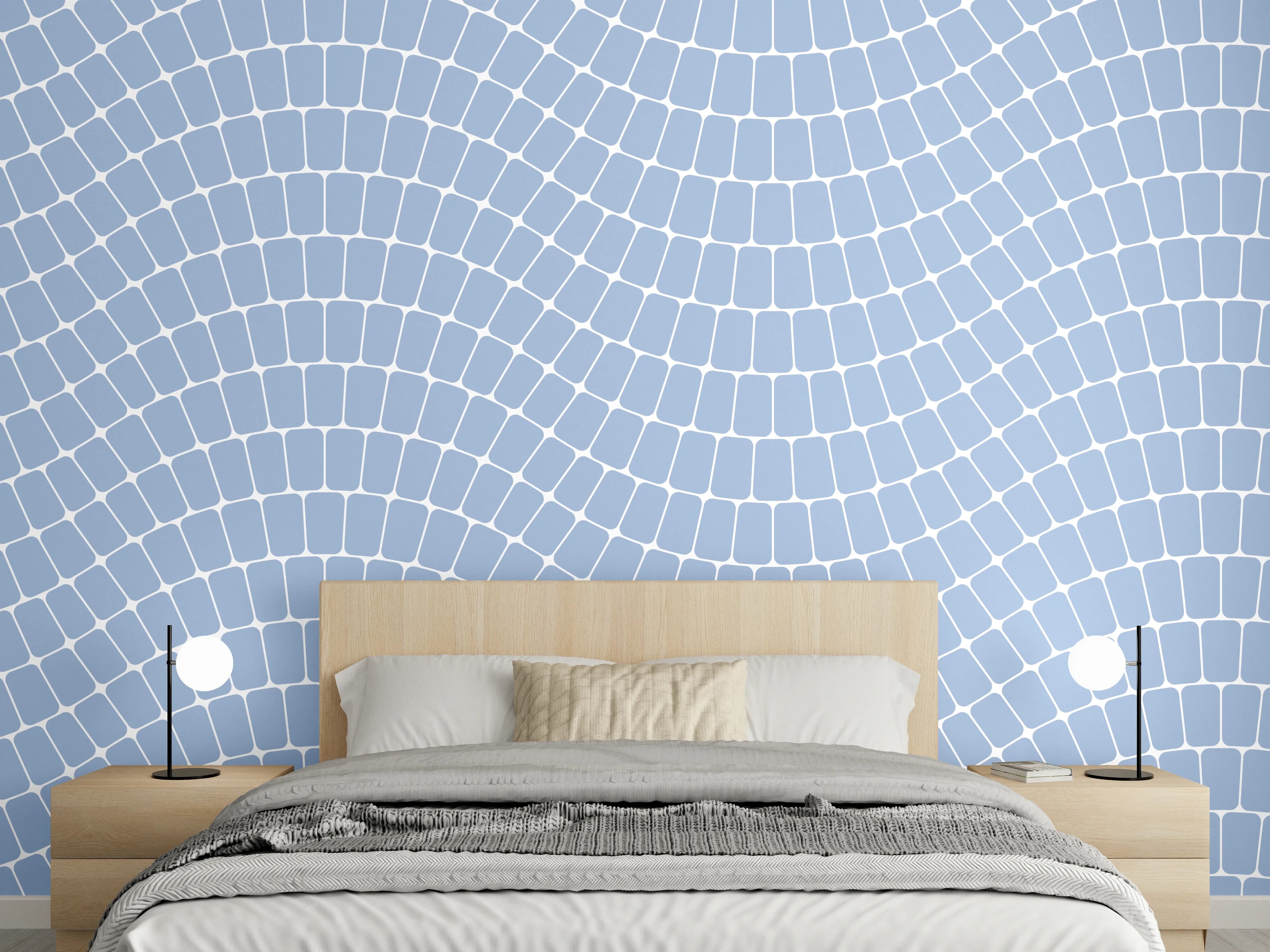 Wandverkleidung Schlafzimmer - Graublaue Wellenlinien auf Weiß