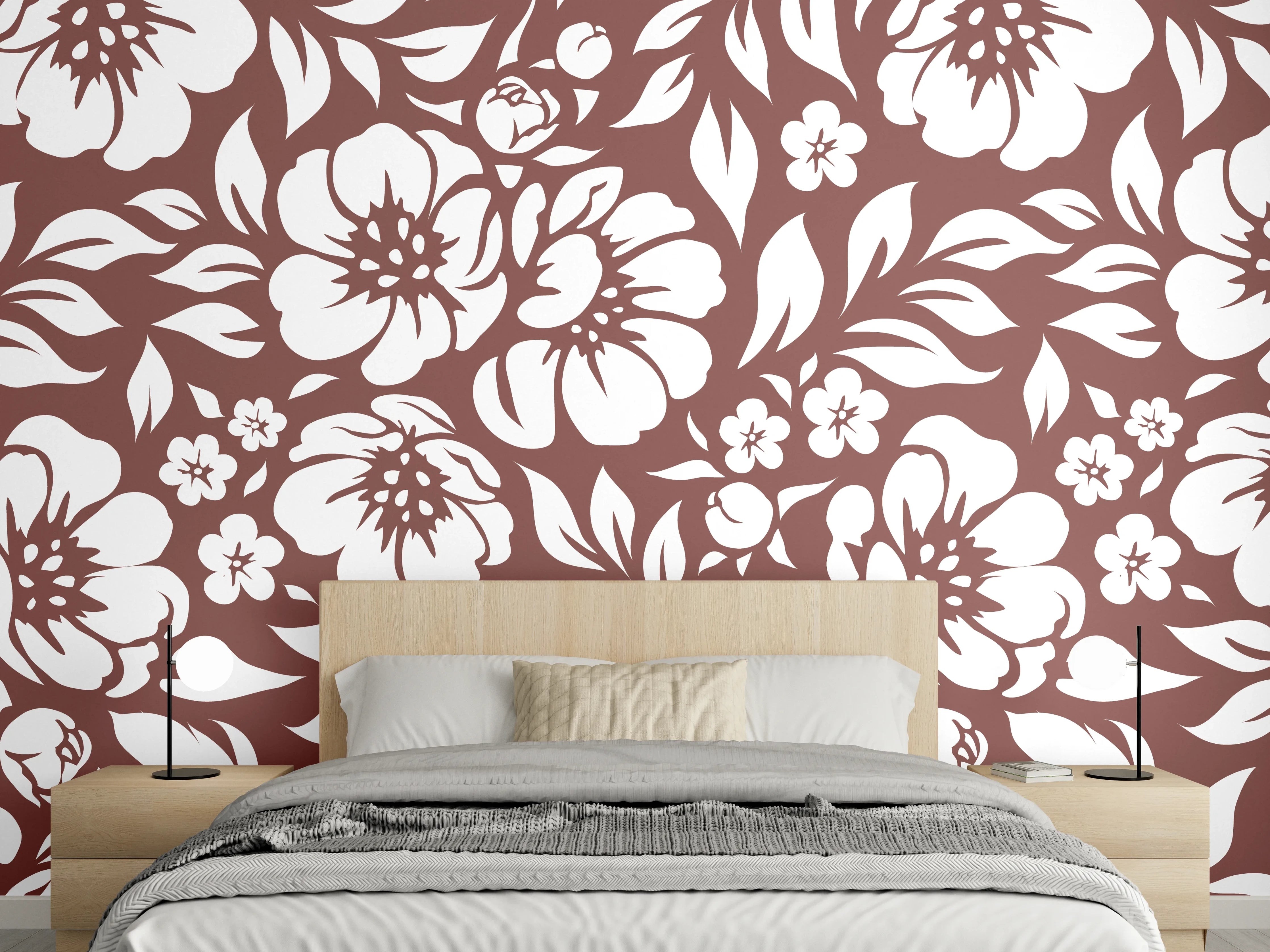 Wandverkleidung Schlafzimmer - Graubraune Blütenpracht auf Weiß