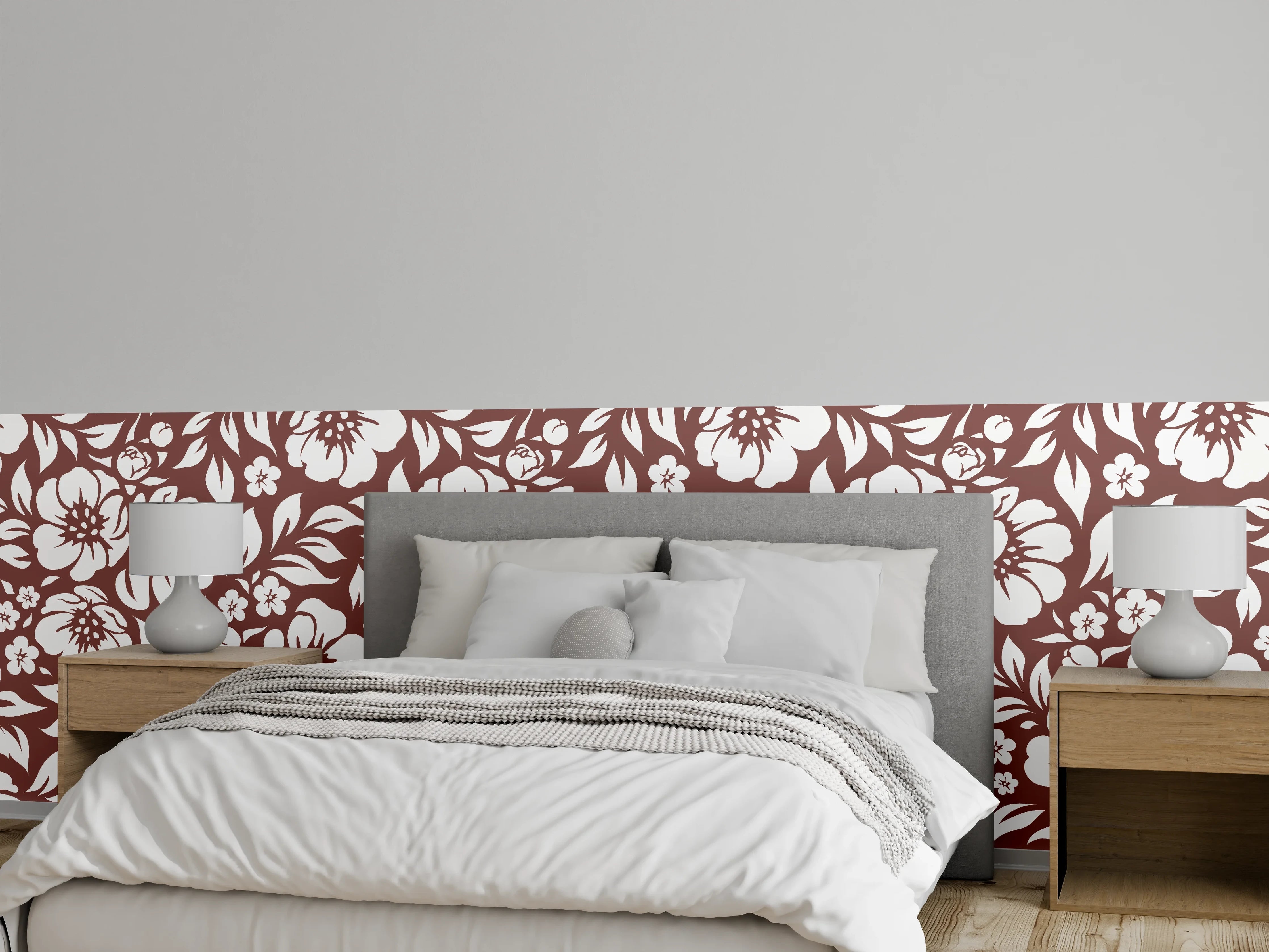 Wandverkleidung Schlafzimmer - Graubraune Blütenpracht auf Weiß