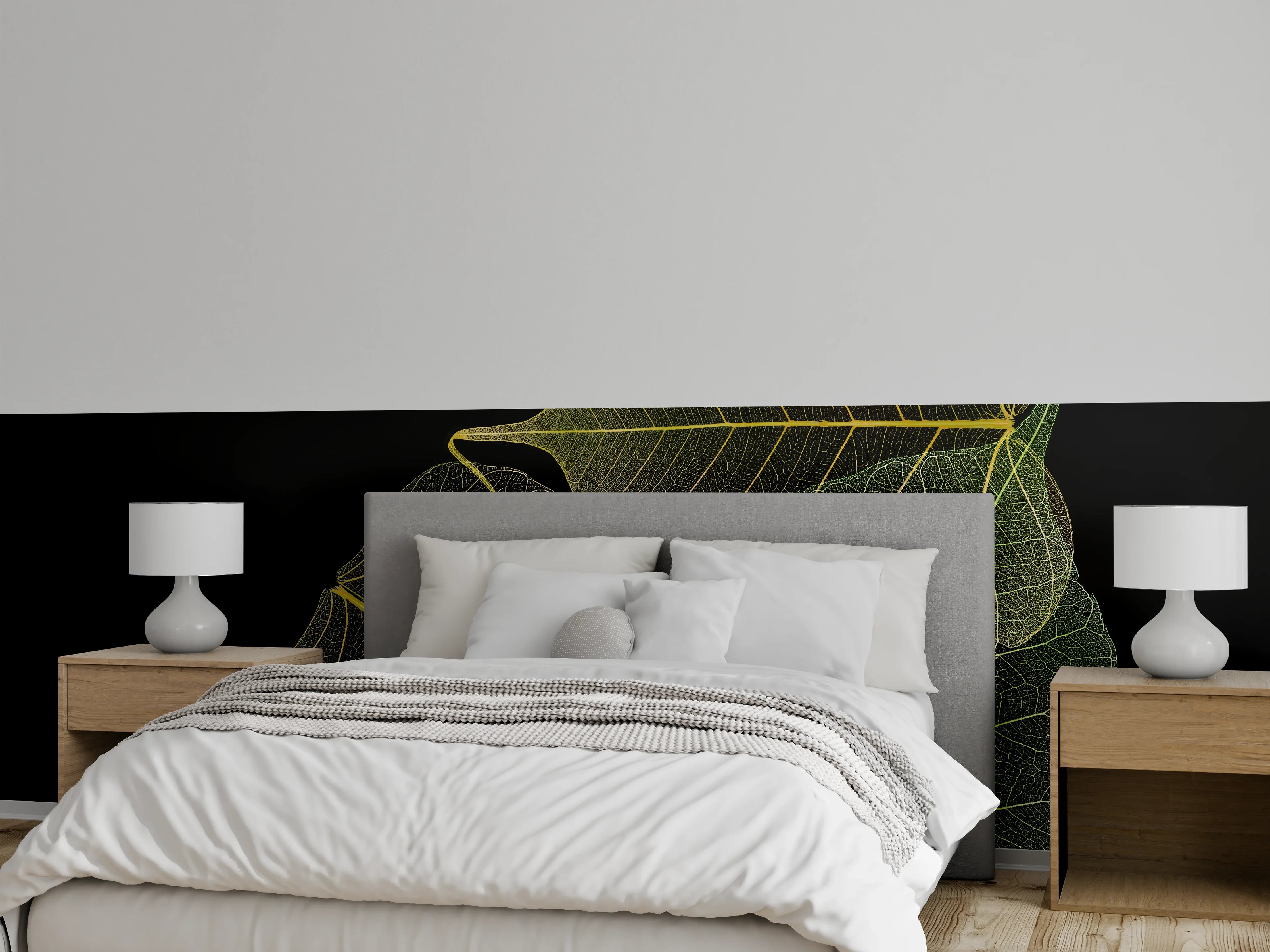 Wandverkleidung Schlafzimmer - Graue Blätter auf dunklem Grund