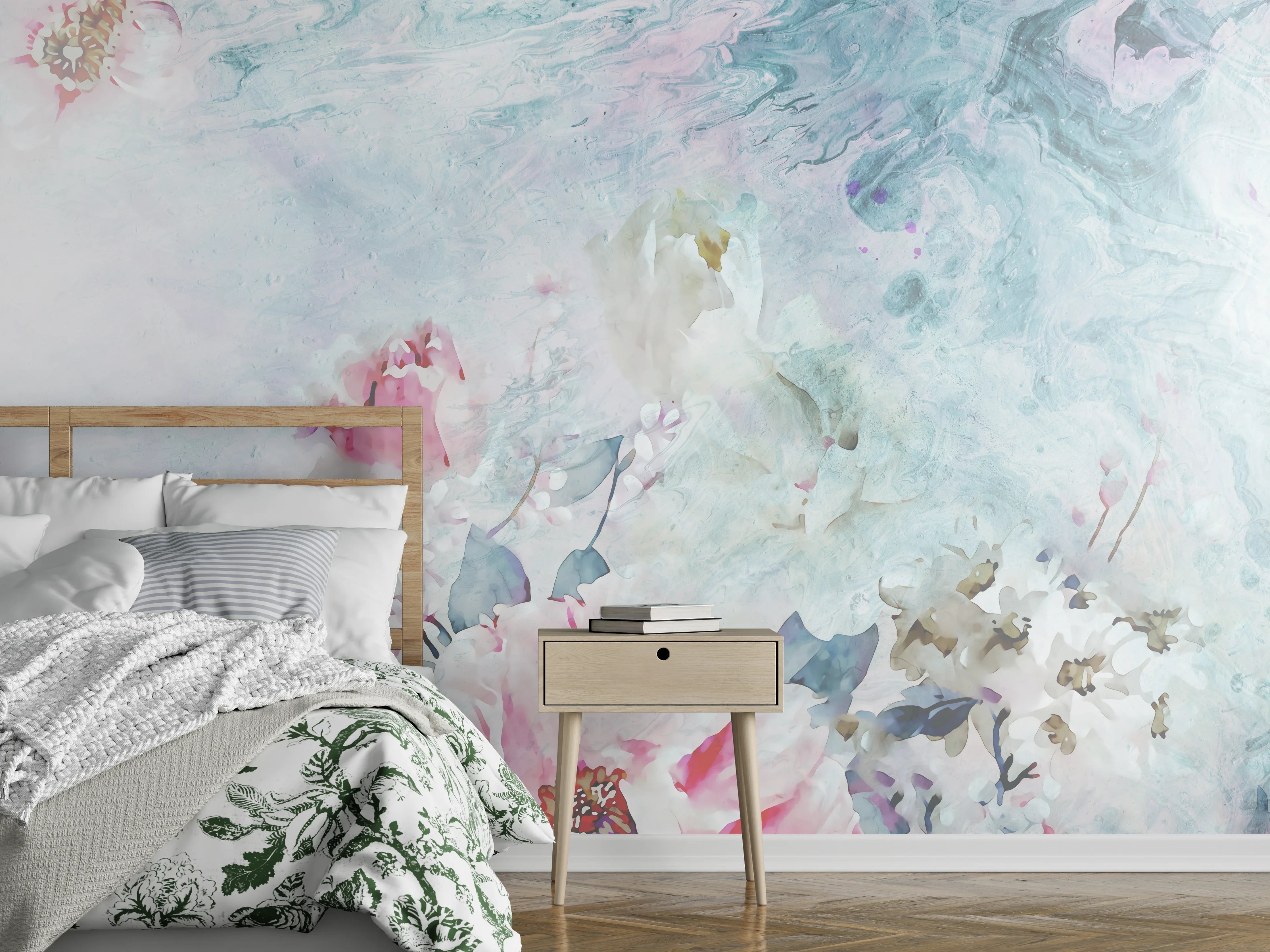 Wandverkleidung Schlafzimmer - Graue Blüten auf Marmorhauch