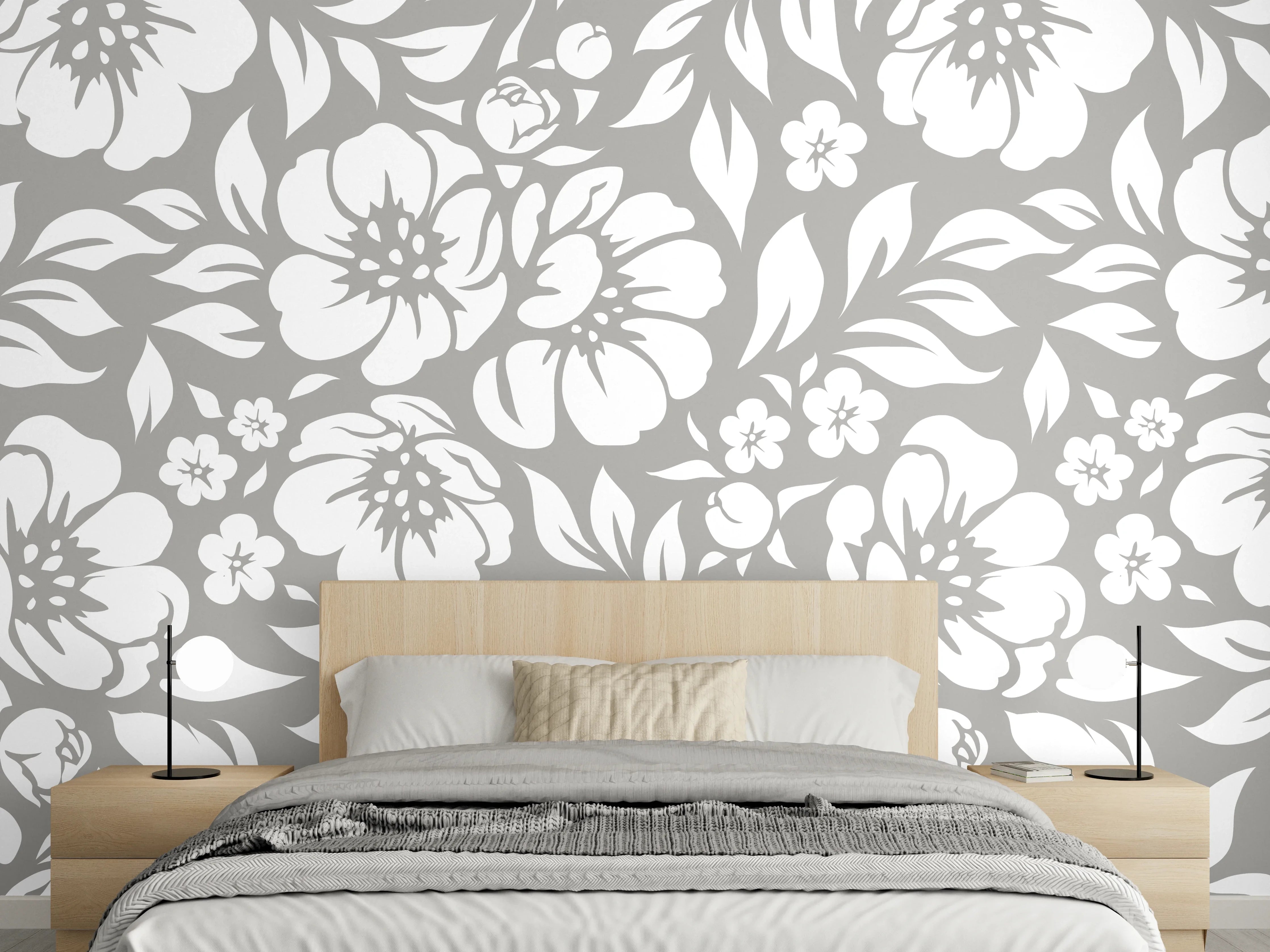 Wandverkleidung Schlafzimmer - Graue Blüten im Weißglanz