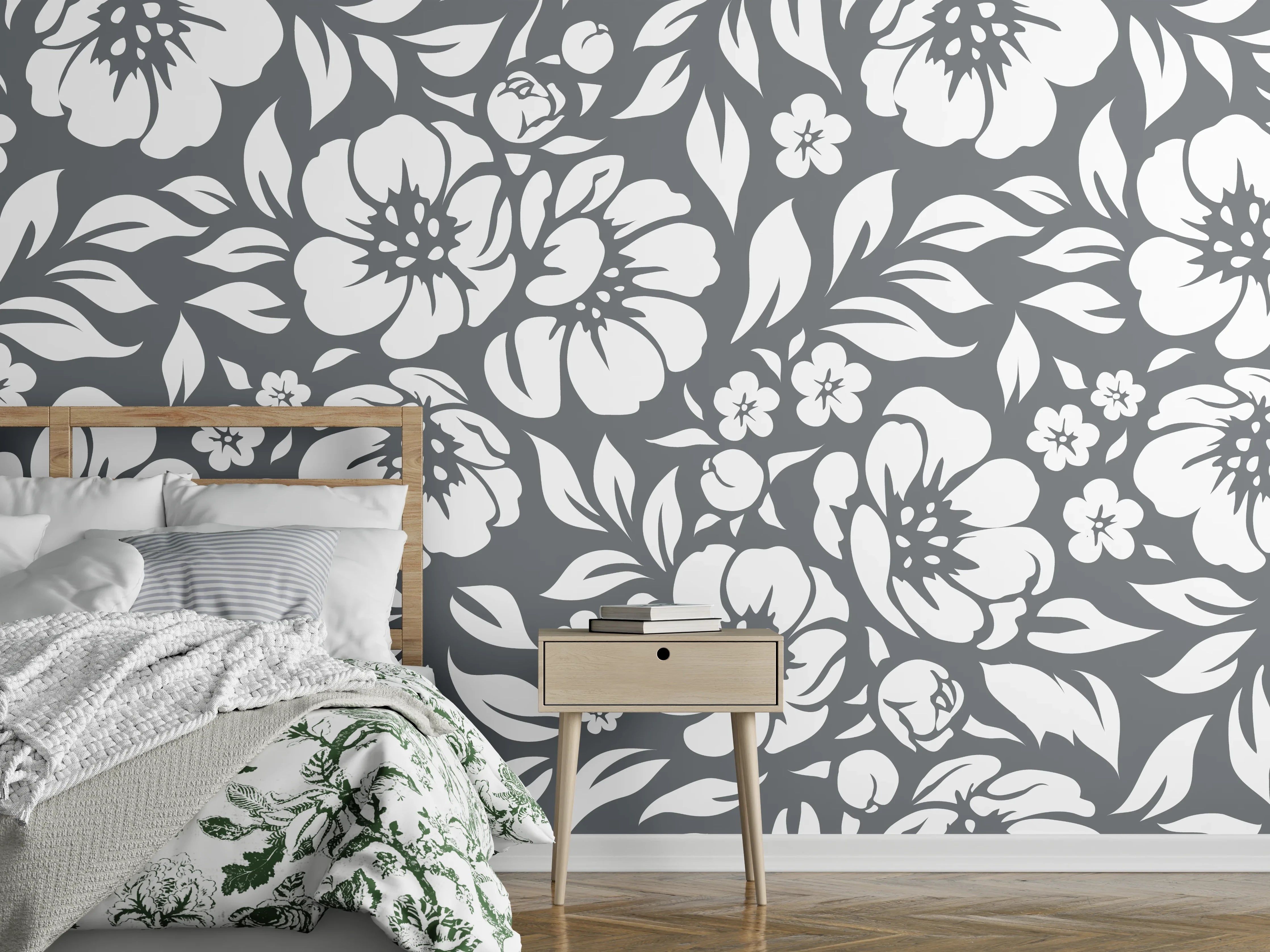 Wandverkleidung Schlafzimmer - Graue Blumen im Schwarz-Weiß-Design