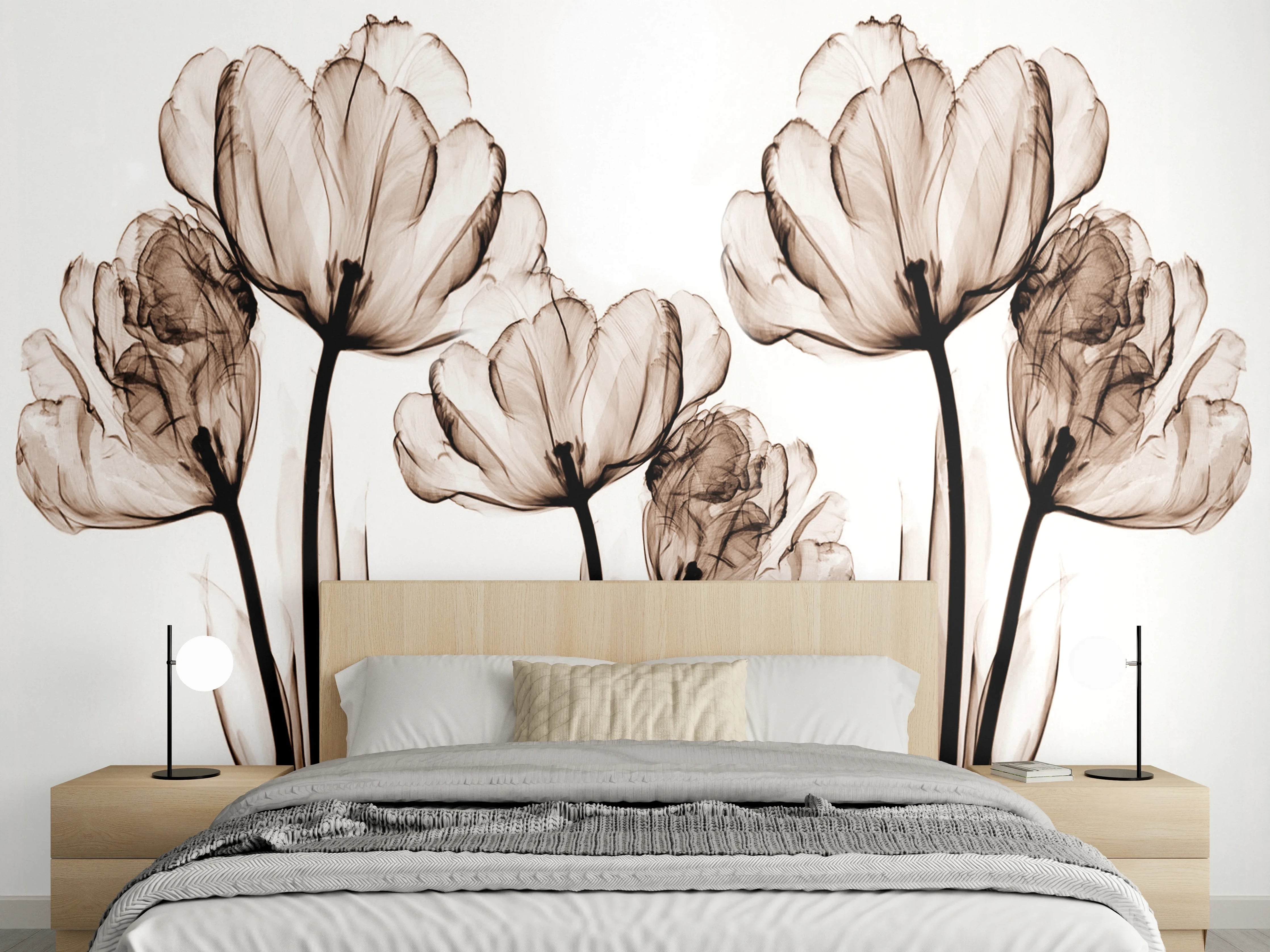 Wandverkleidung Schlafzimmer - Graue Blumenakzente in Sepiatönen