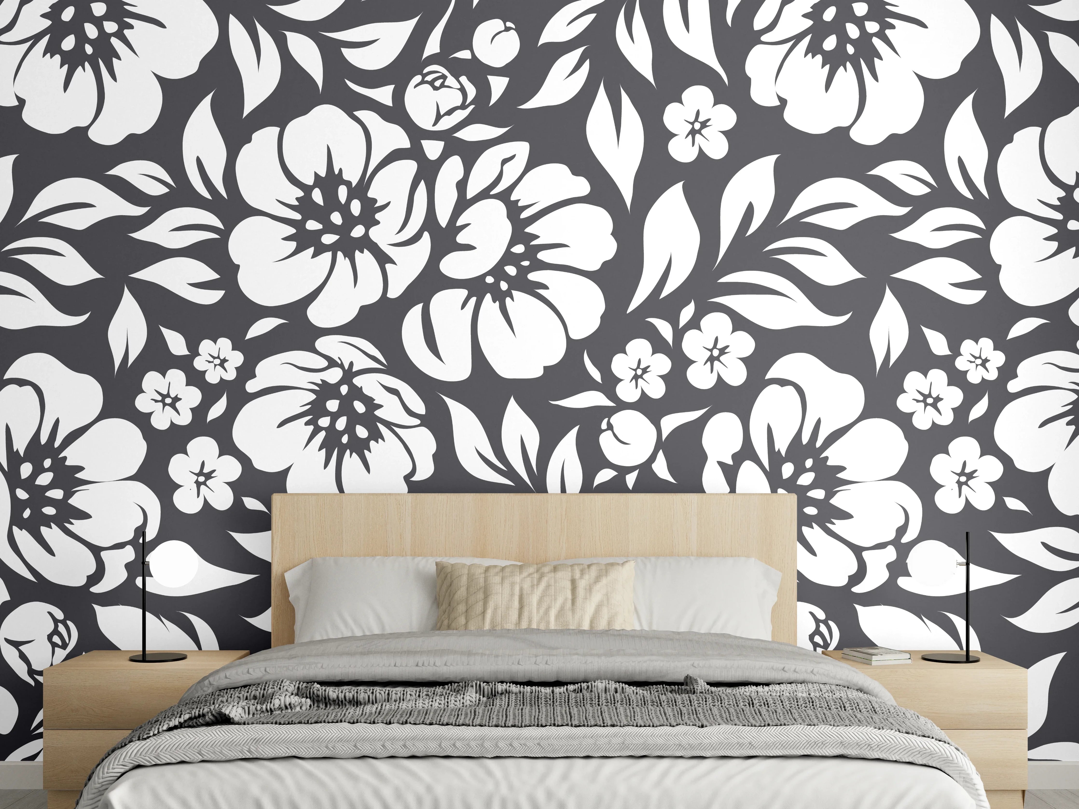 Wandverkleidung Schlafzimmer - Graue Blumenmuster in Schwarz-Weiß