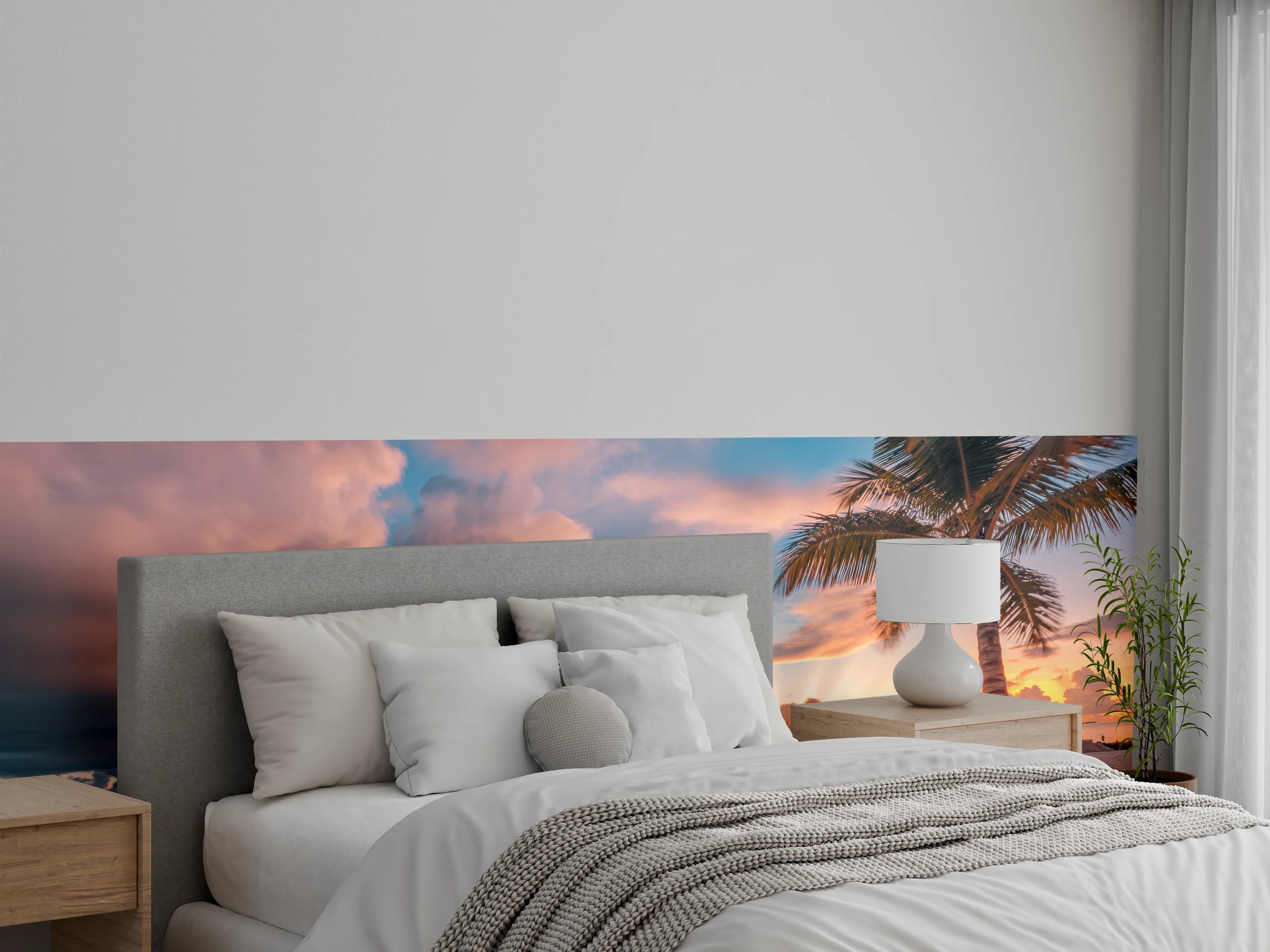 Wandverkleidung Schlafzimmer - Graue Dämmerung an weißen Palmen