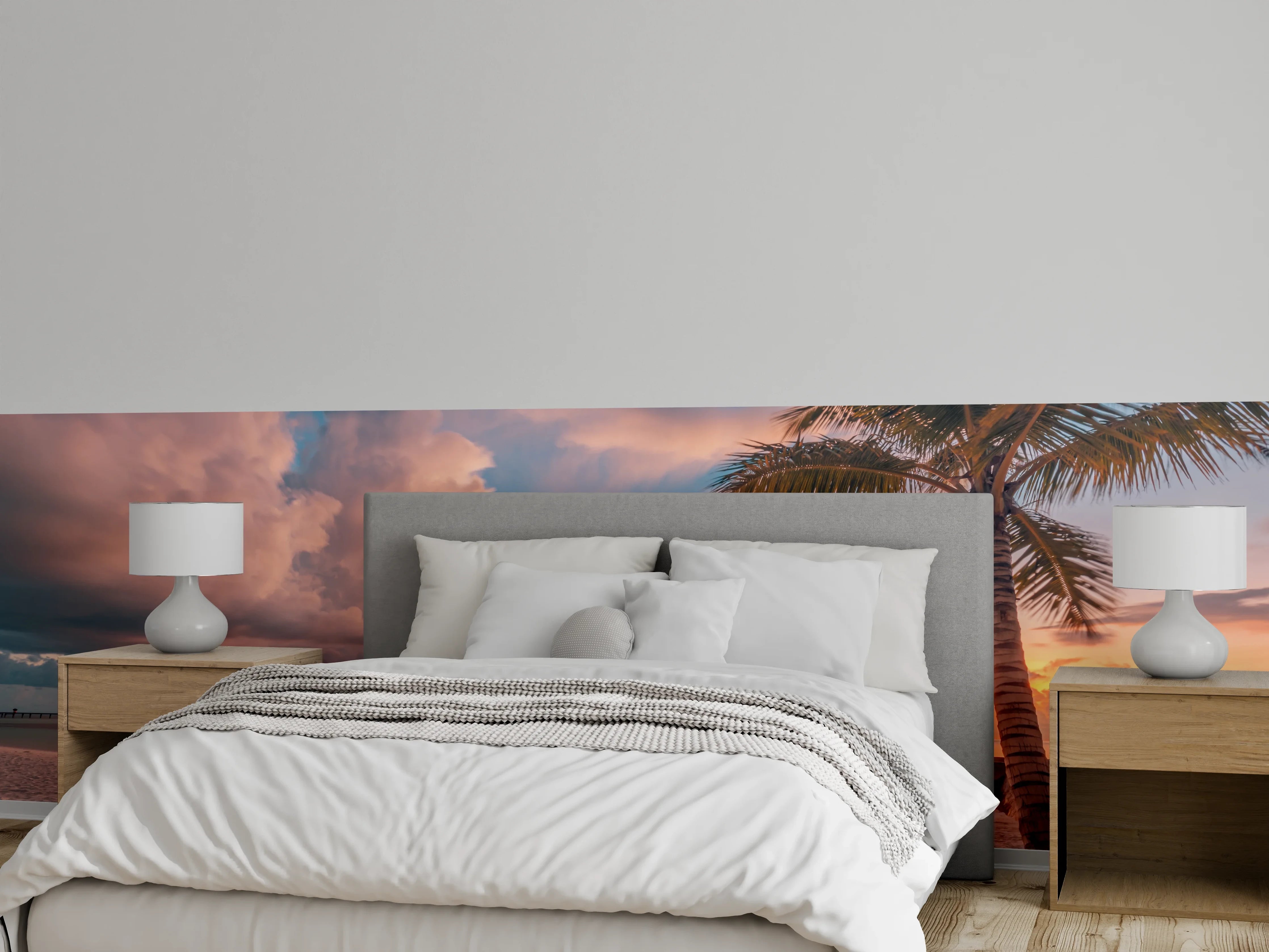 Wandverkleidung Schlafzimmer - Graue Dämmerung an weißen Palmen