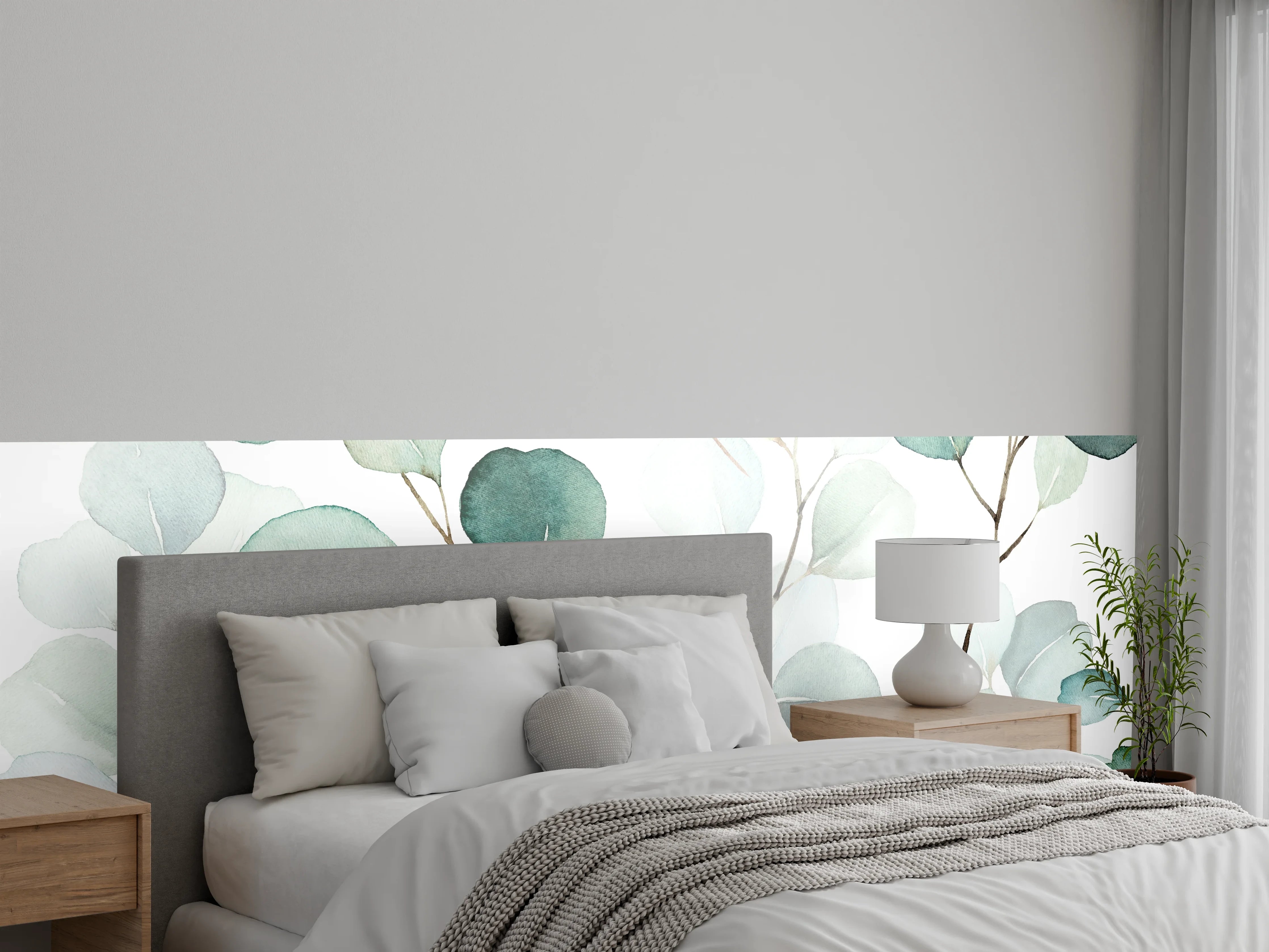 Wandverkleidung Schlafzimmer - Graue Eukalyptusblätter Aquarell Design