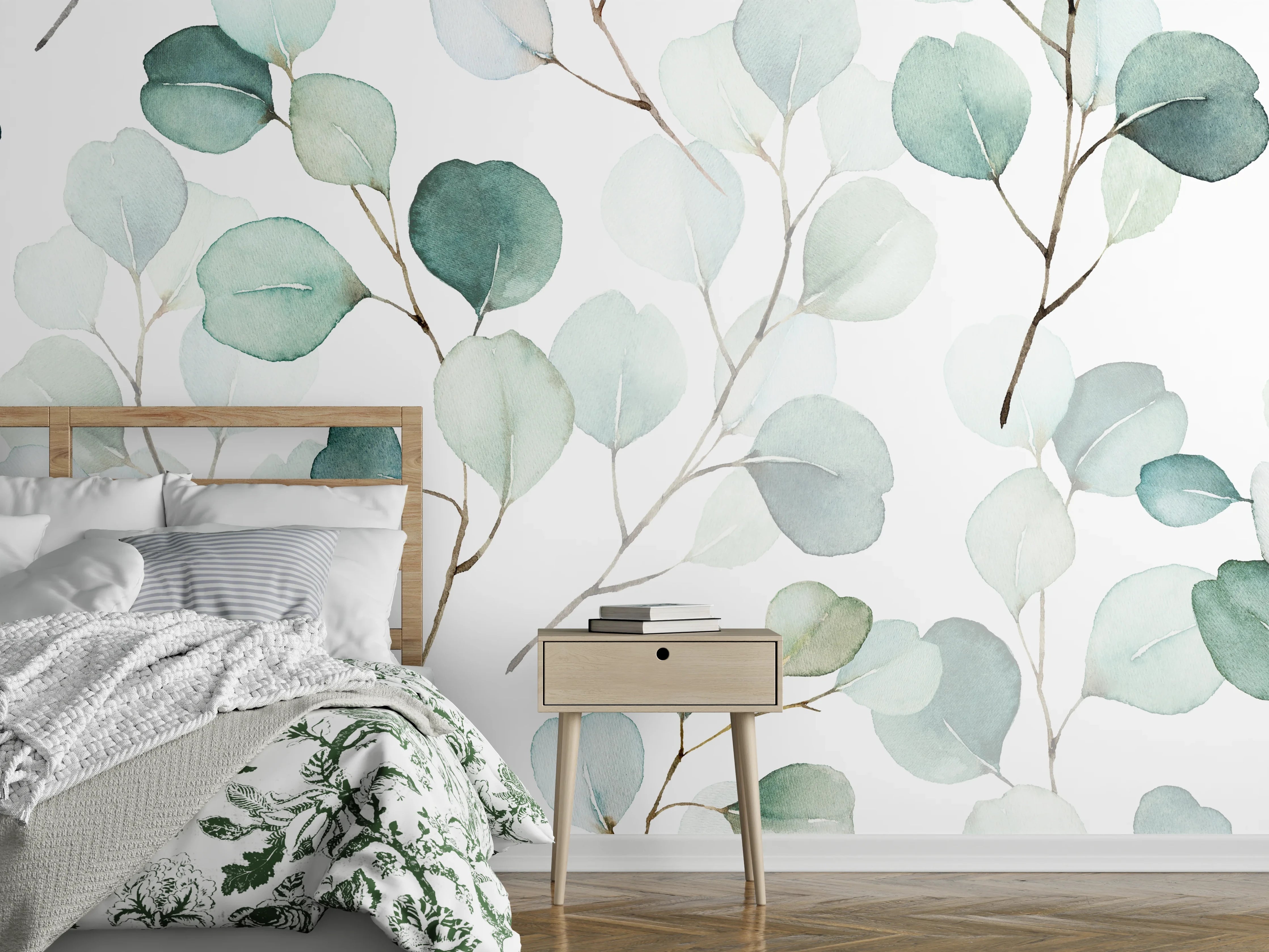 Wandverkleidung Schlafzimmer - Graue Eukalyptusblätter Aquarell Design