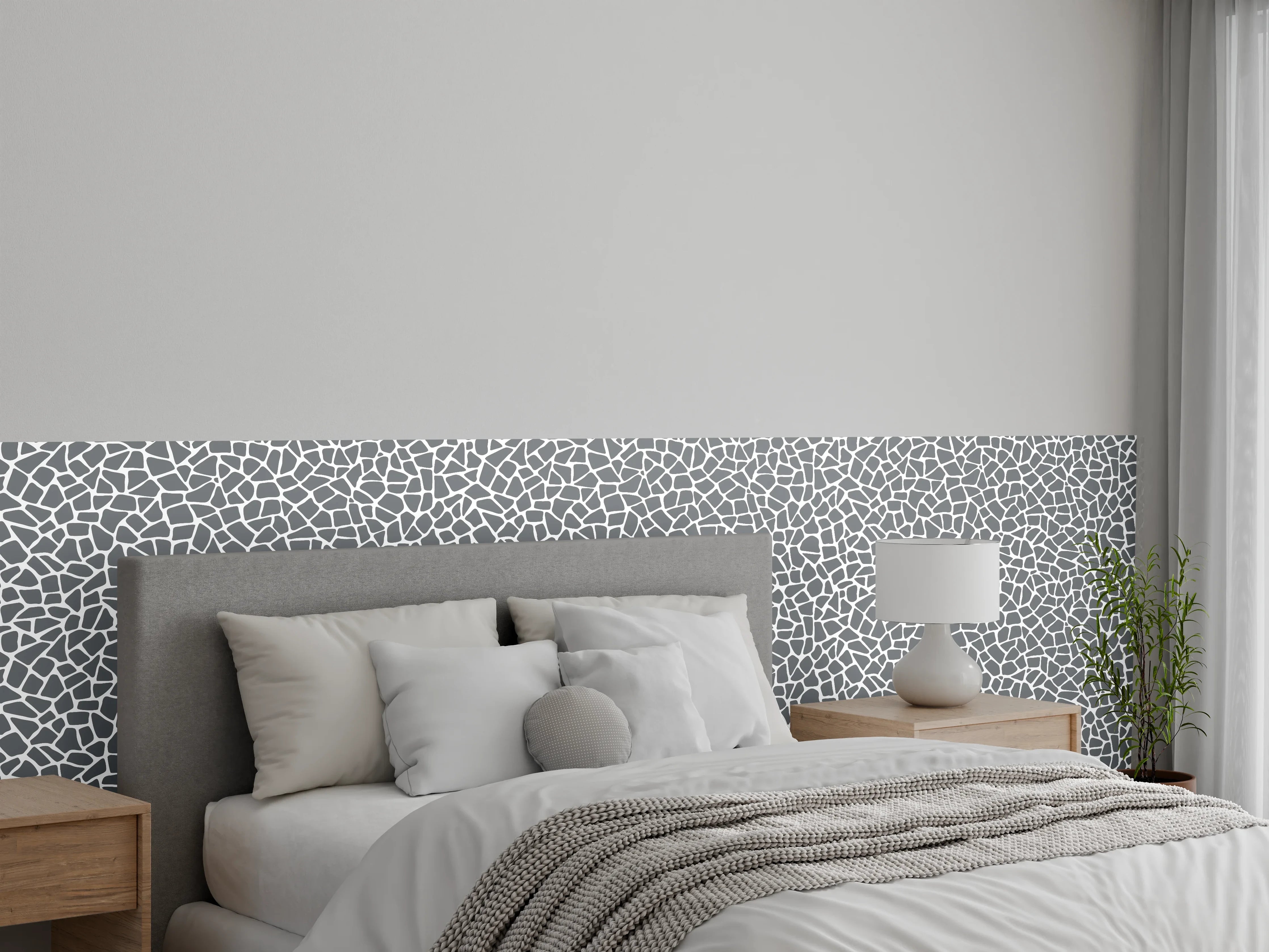 Wandverkleidung Schlafzimmer - Graue Facetten auf weißer Struktur