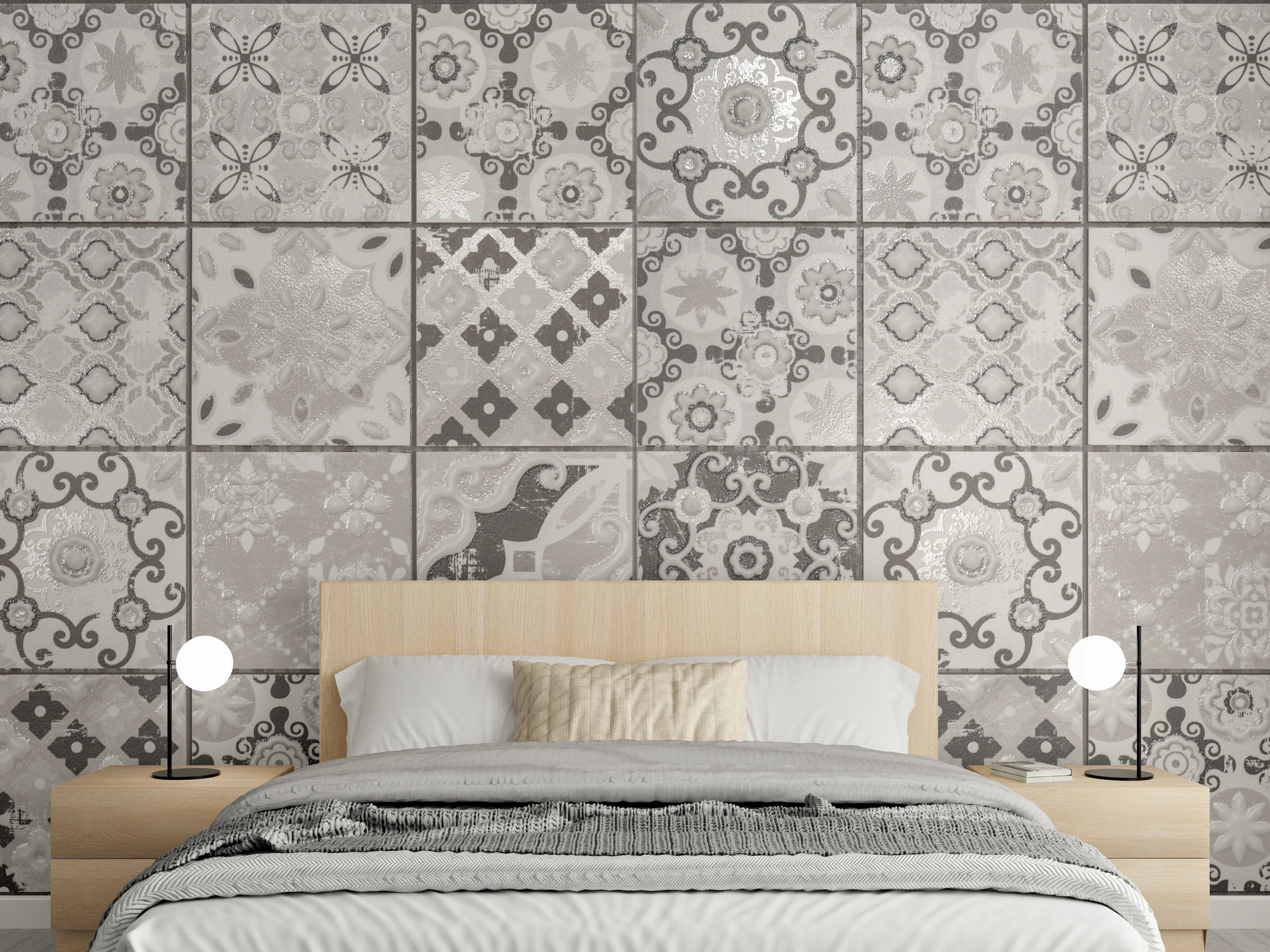 Wandverkleidung Schlafzimmer - Graue Fliesenmuster