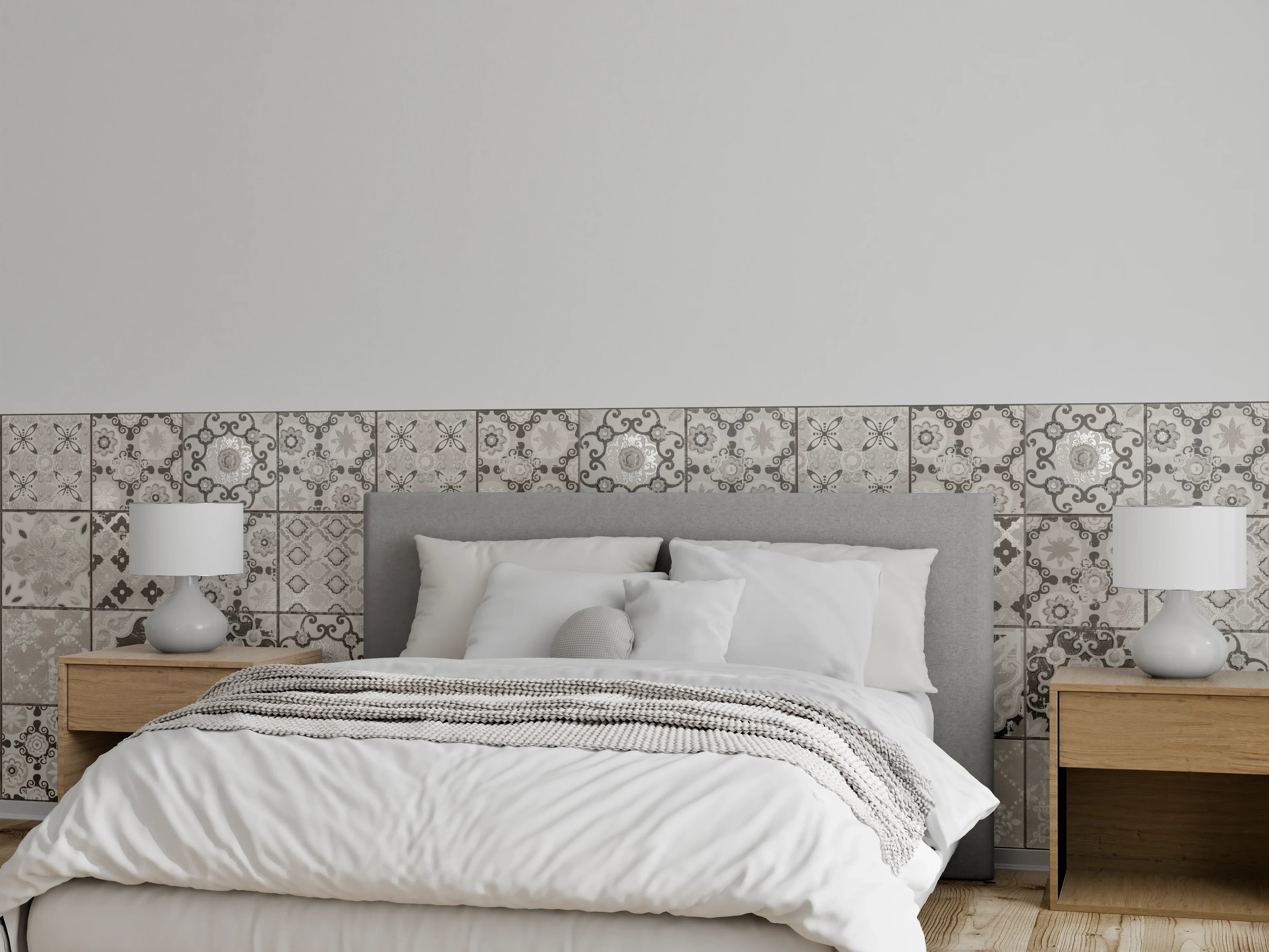 Wandverkleidung Schlafzimmer - Graue Fliesenmuster