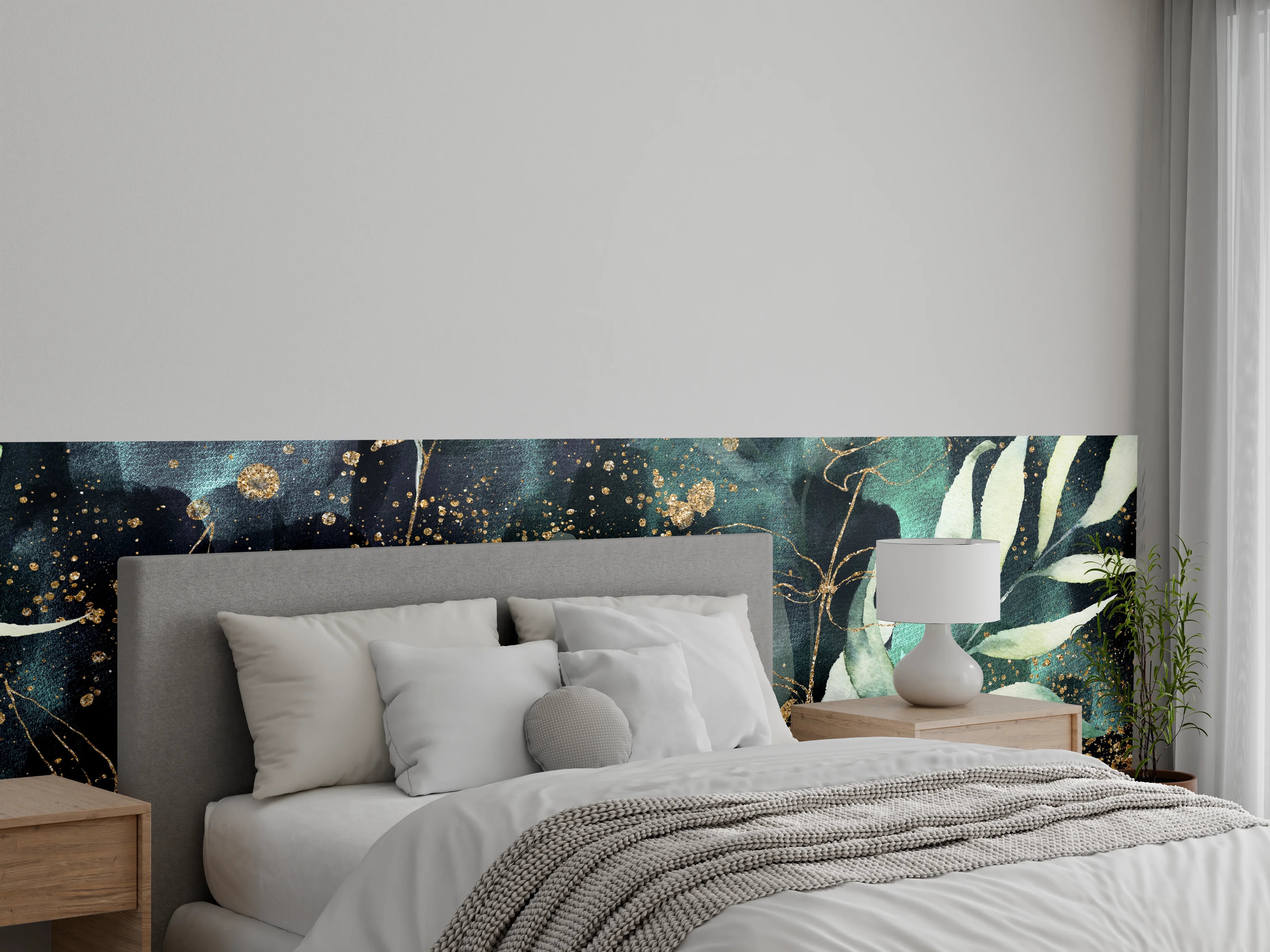Wandverkleidung Schlafzimmer - Graue Florale Aquarellkunst mit Gold