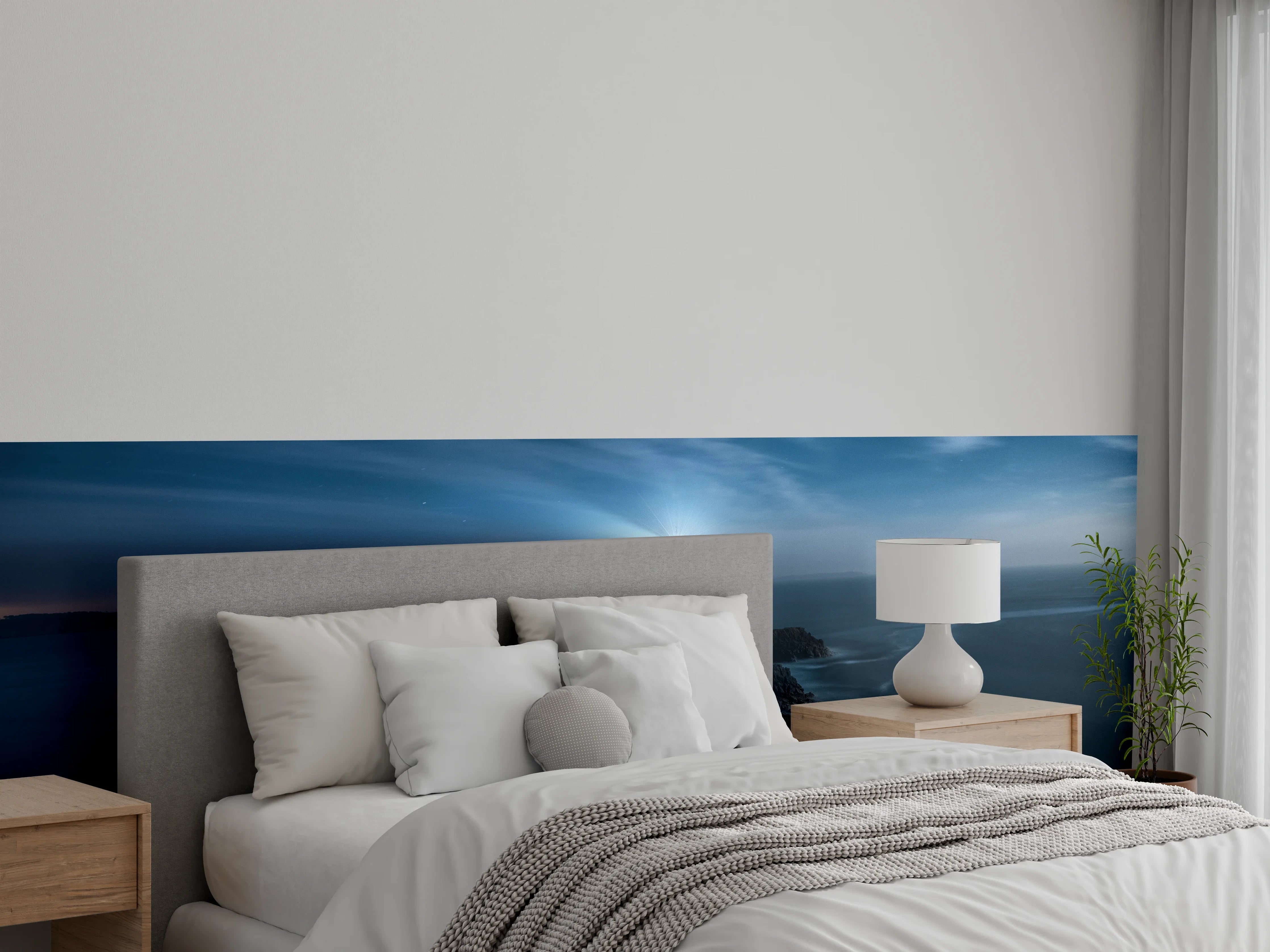 Wandverkleidung Schlafzimmer - Graue Küste: Weißer Turm im Dämmerlicht