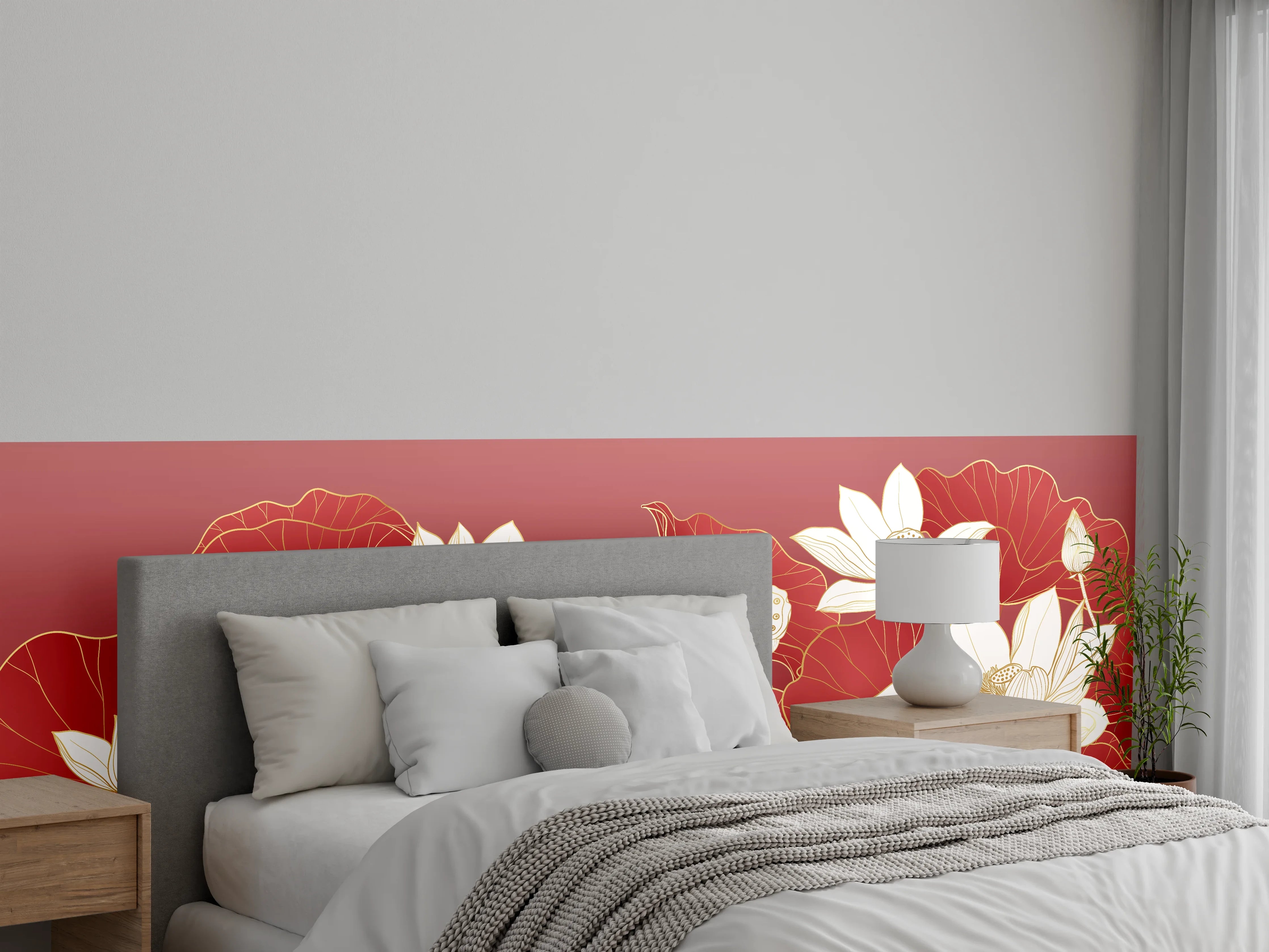 Wandverkleidung Schlafzimmer - Graue Lotuspoesie auf Karmesin